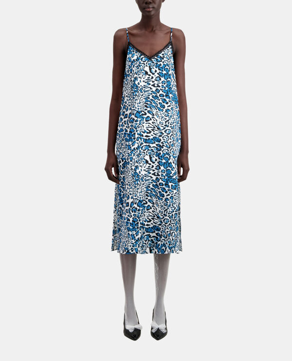 long printed silk slip dress with lace details