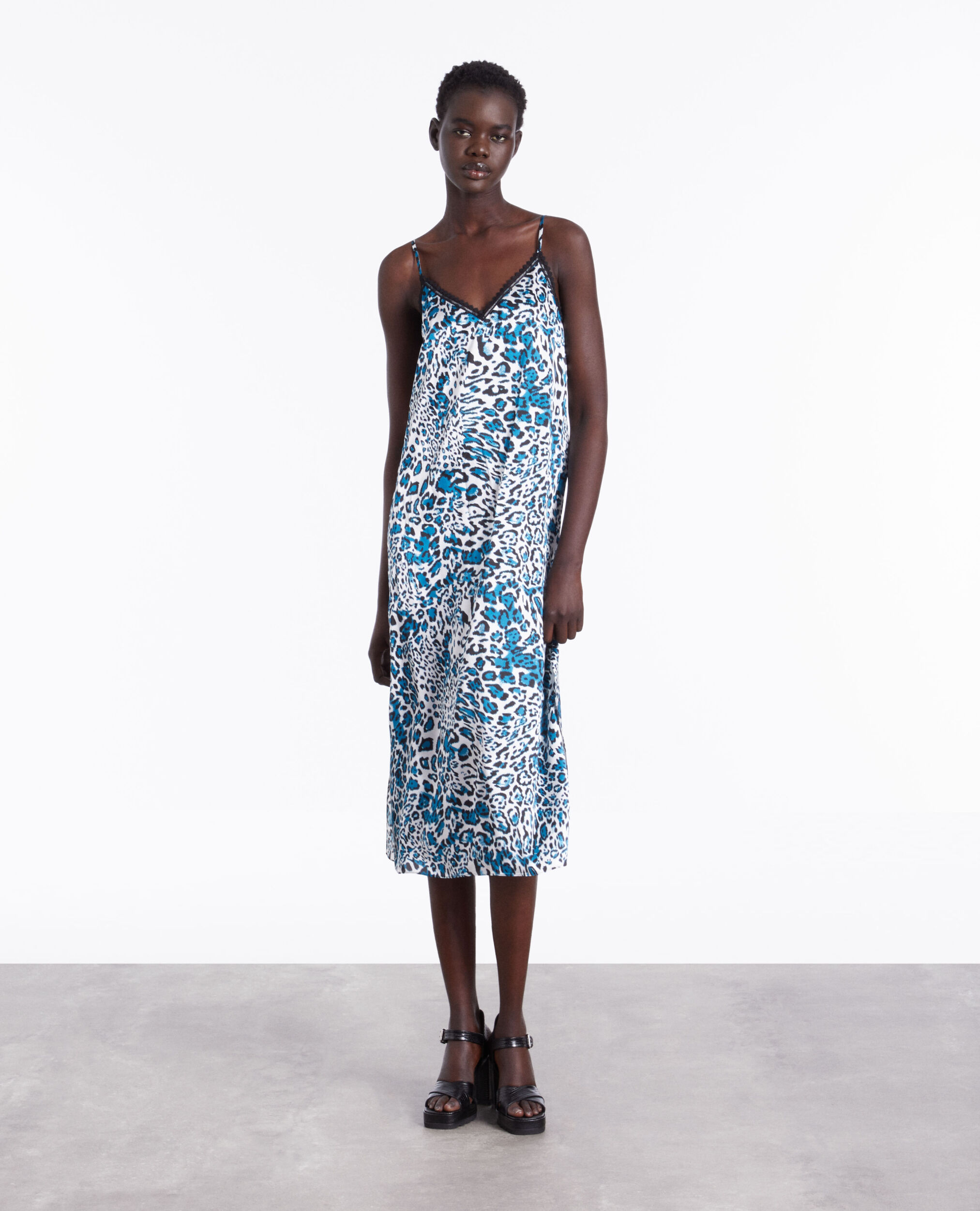 Long printed silk slip dress with lace details, BLUE WHITE, hi-res image number null