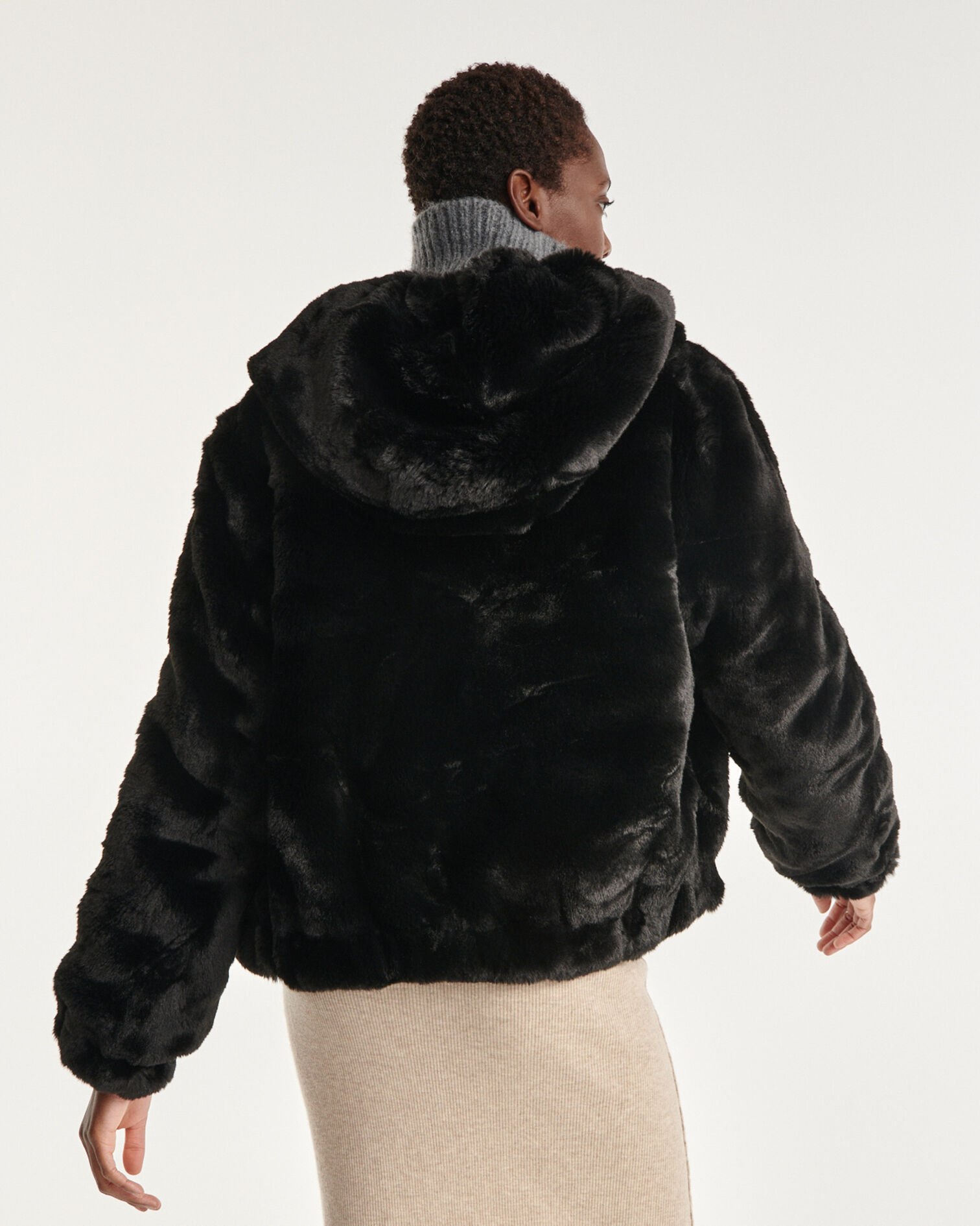 Black faux fur coat with reversible hood, BLACK, hi-res image number null