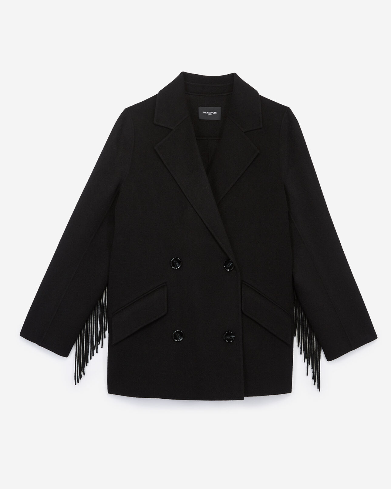 The Kooples FEMME BLACK manteau laine noir court à franges
