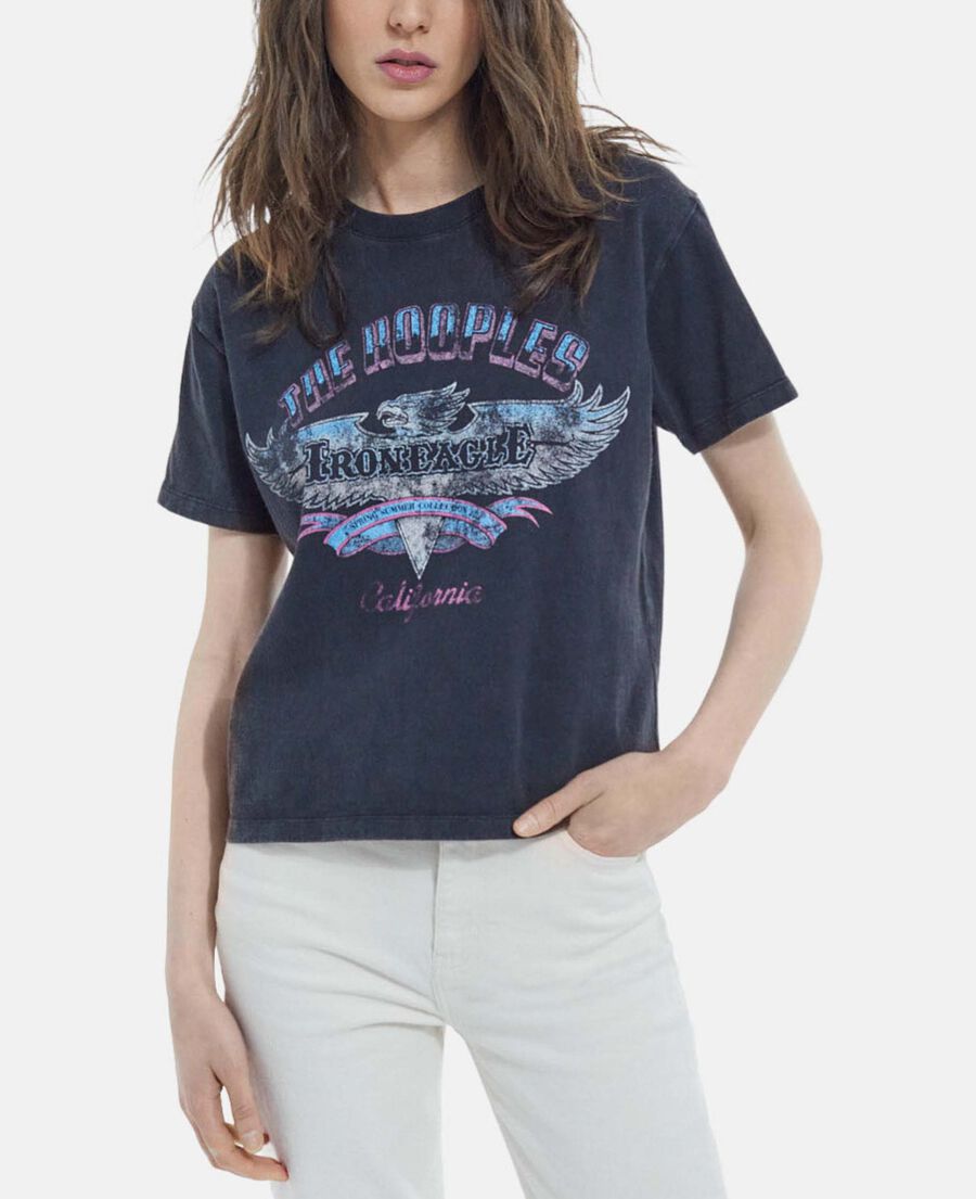 faded black cotton t-shirt with eagle print
