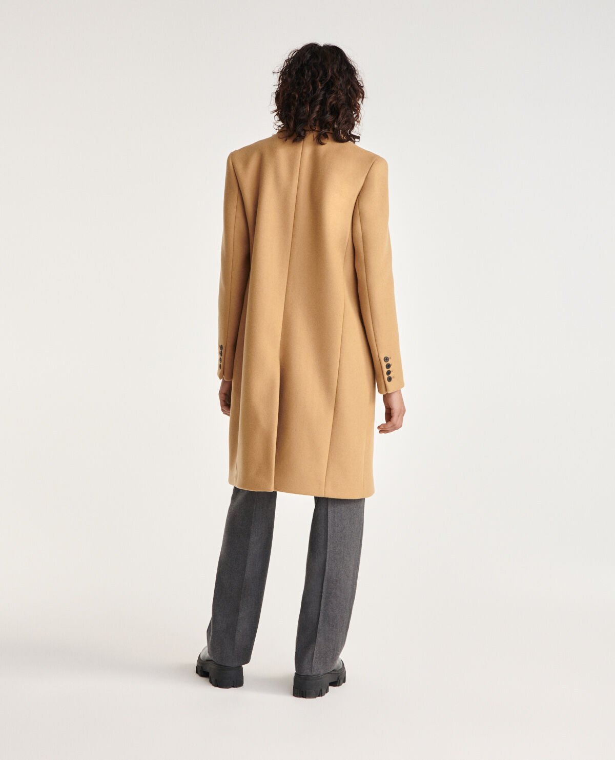 Fitted camel wool coat with leather detail The Kooples US