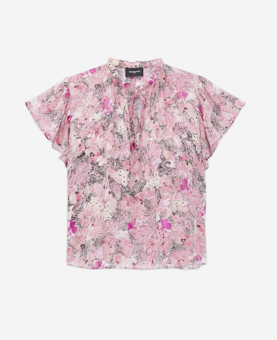 flowing frilly pink top with floral print