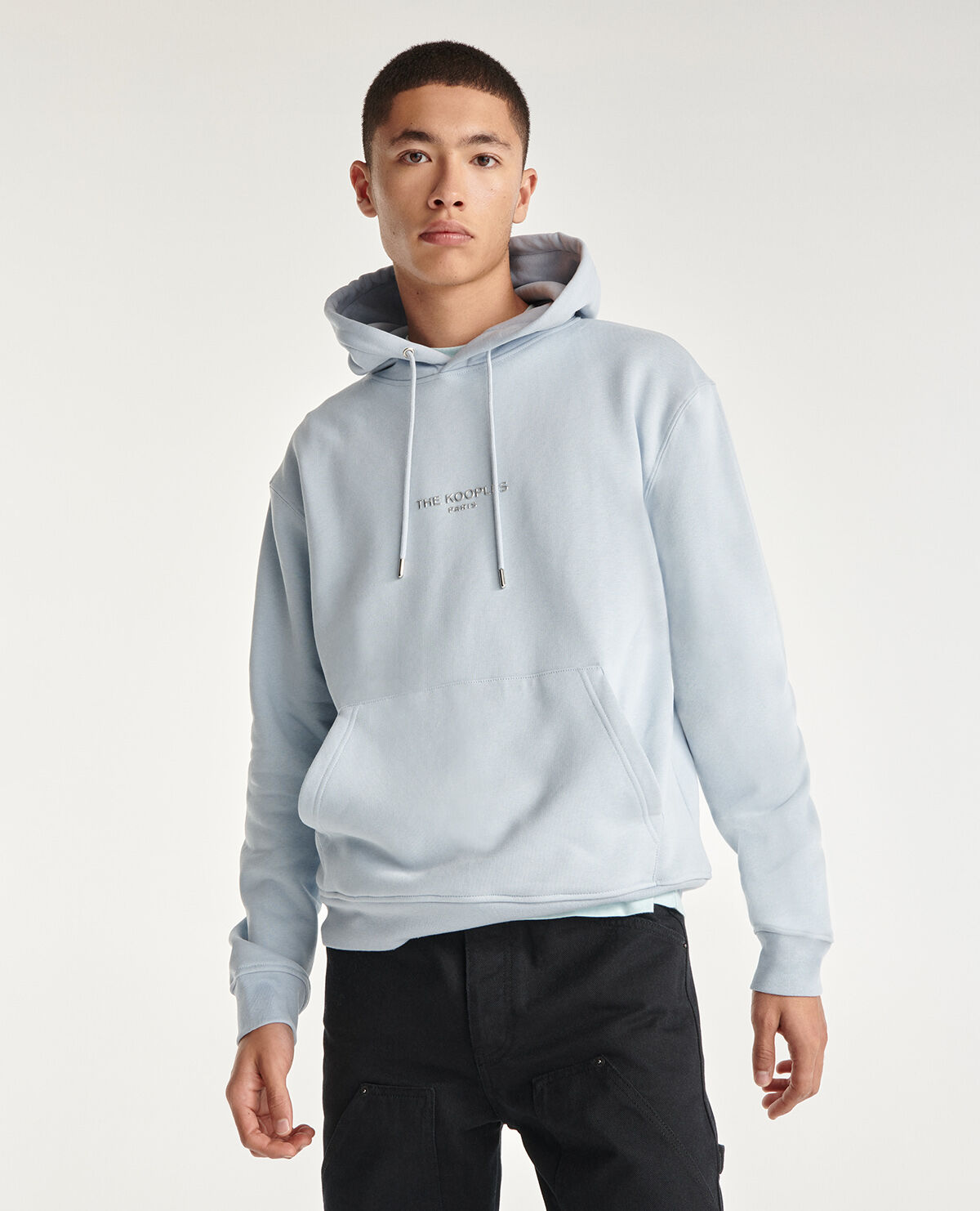 Blue cotton hoodie with silver logo