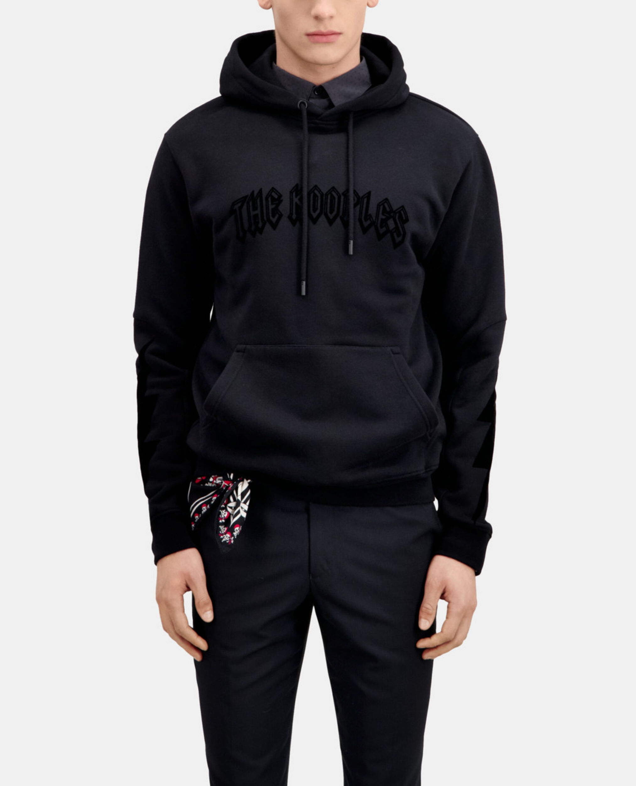 Sudadera capucha negra flocado para hombre, BLACK, hi-res image number null