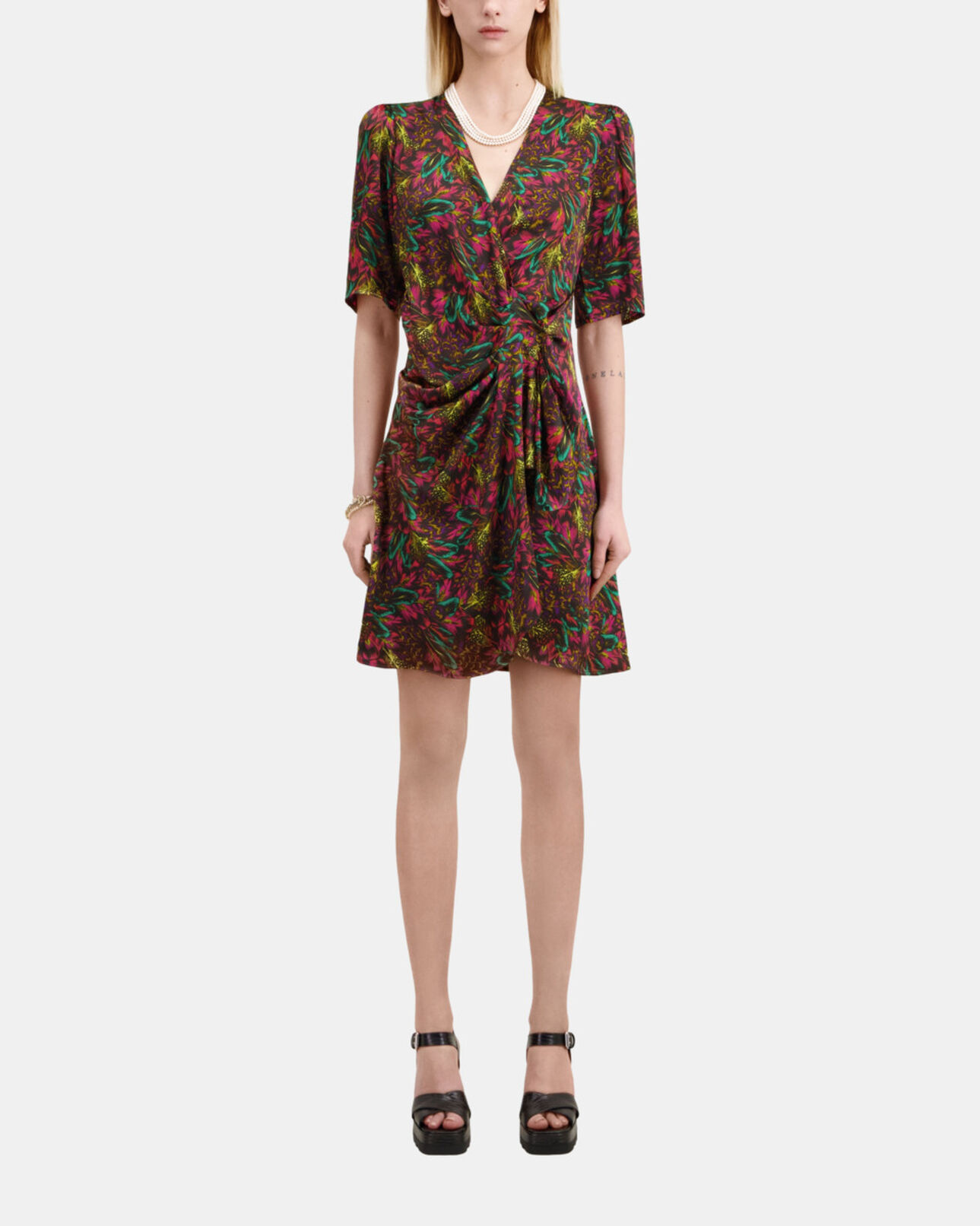 The Kooples WOMEN MULTICOLOR multicolor feather print short sleeve short dress with draping