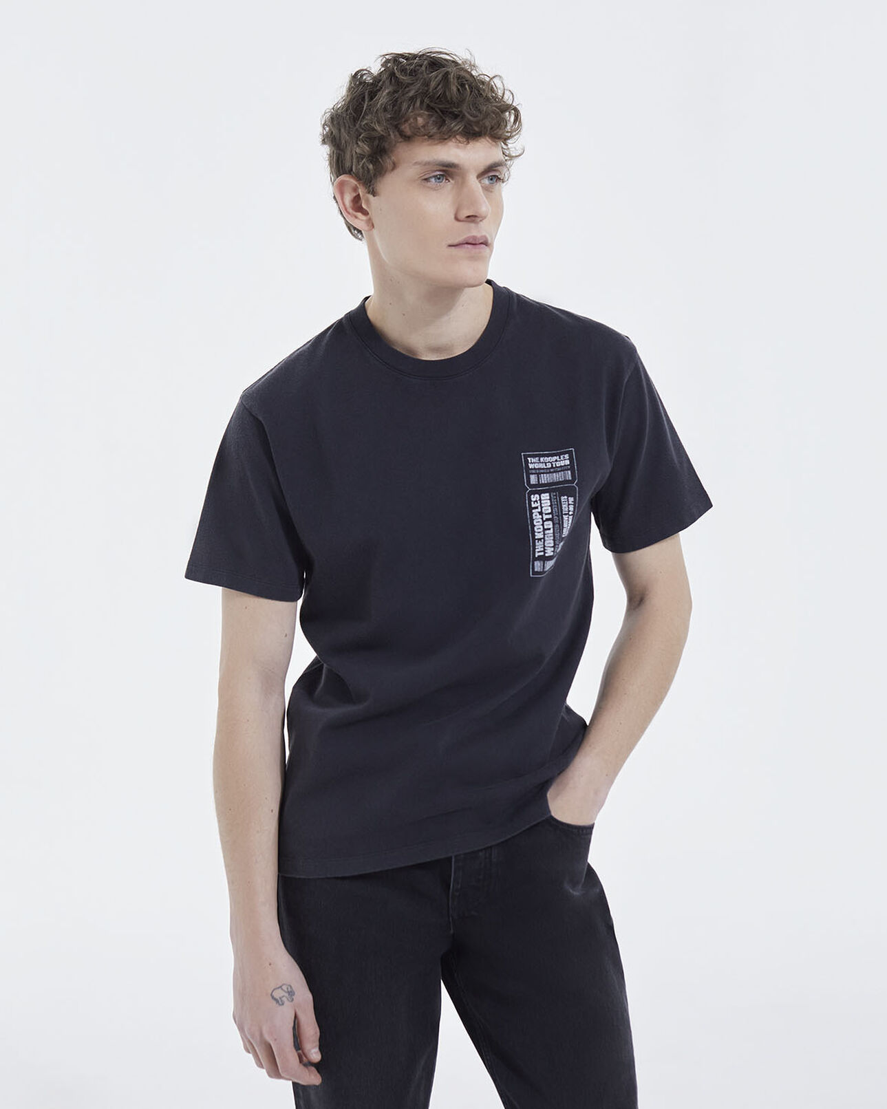 The Kooples MEN BLACK WASHED faded black cotton t-shirt with chest logo