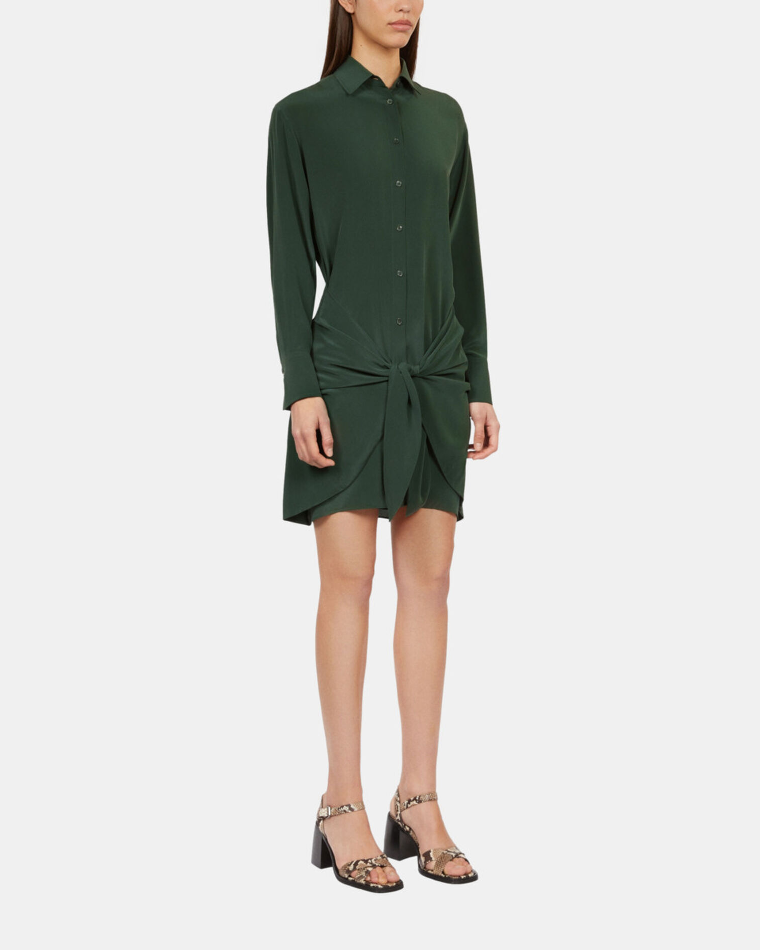 Robe chemise courte en soie avec nœud verte, WOOD KAKI, hi-res image number null