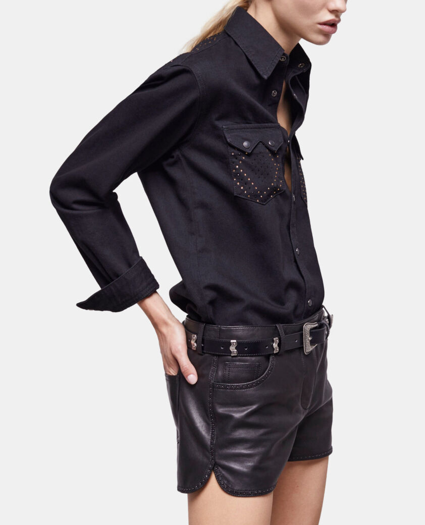 The Kooples WOMEN BLACK black leather shorts with studs