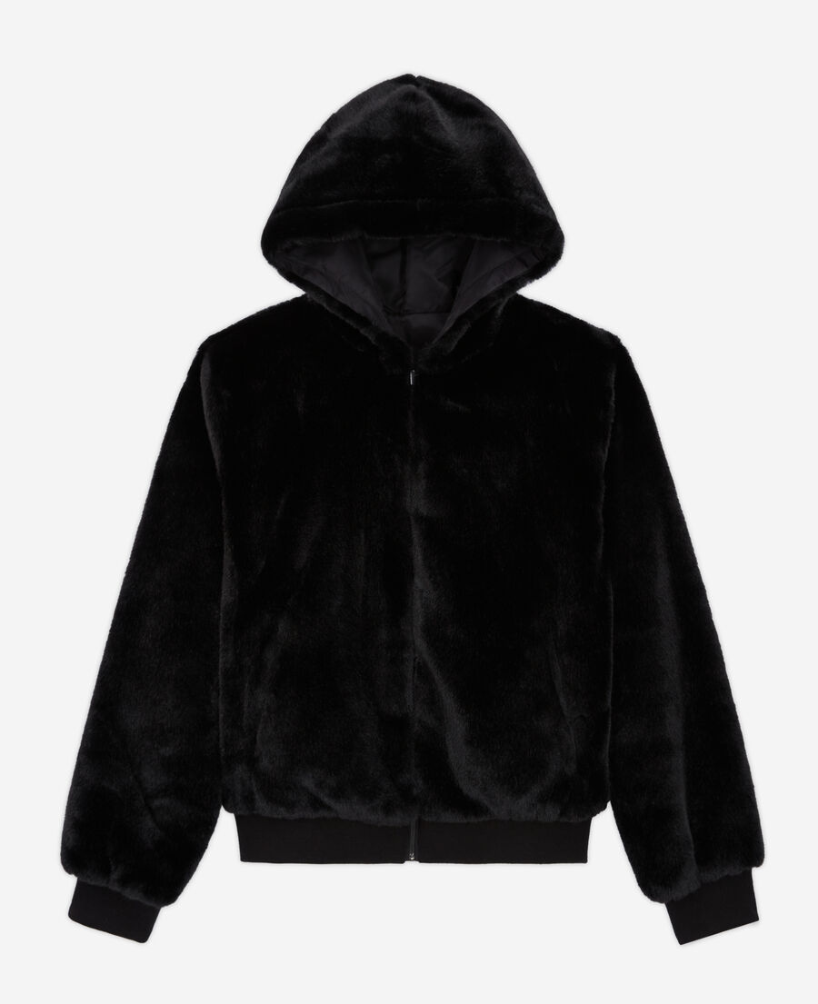 black faux fur coat with hood