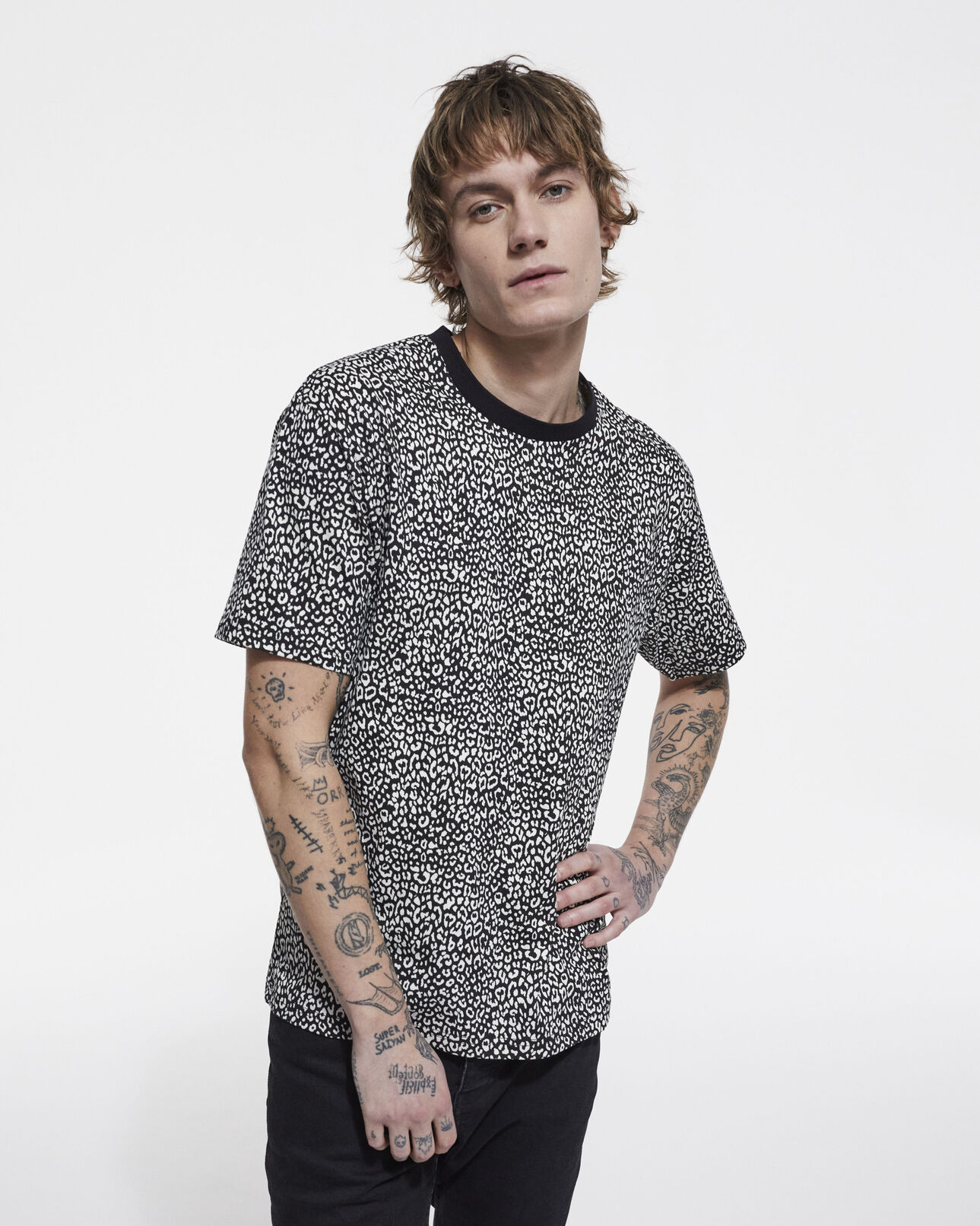 The Kooples MEN ECRU black leopard print t-shirt