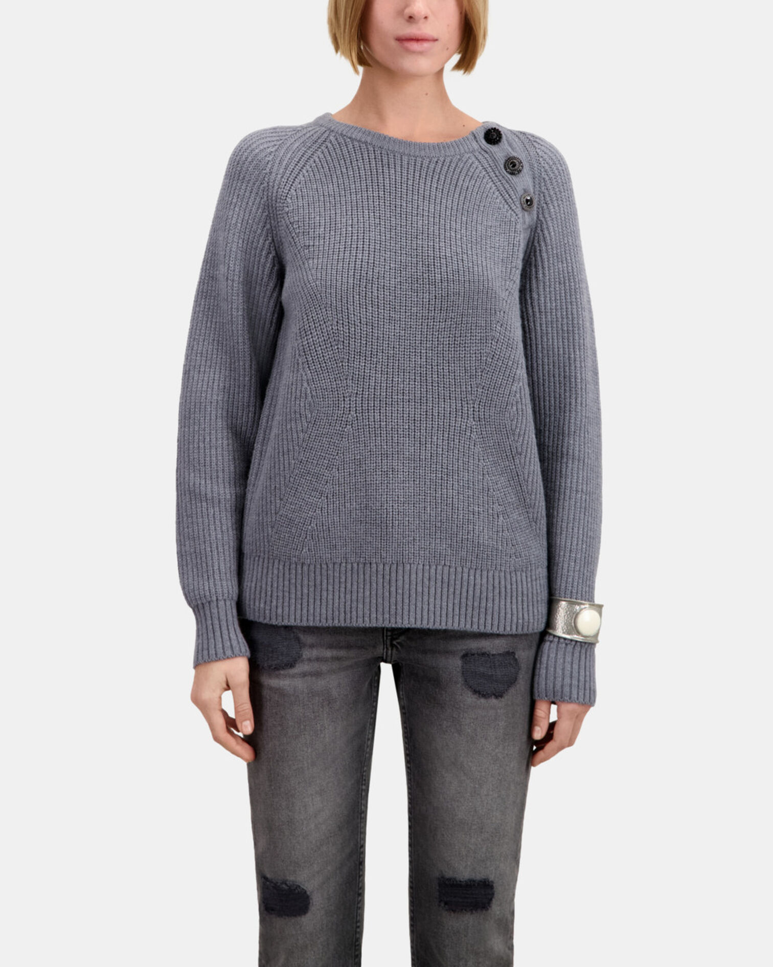 Grey wool sweater with bijou buttons, MIDDLE GREY MEL, hi-res image number null