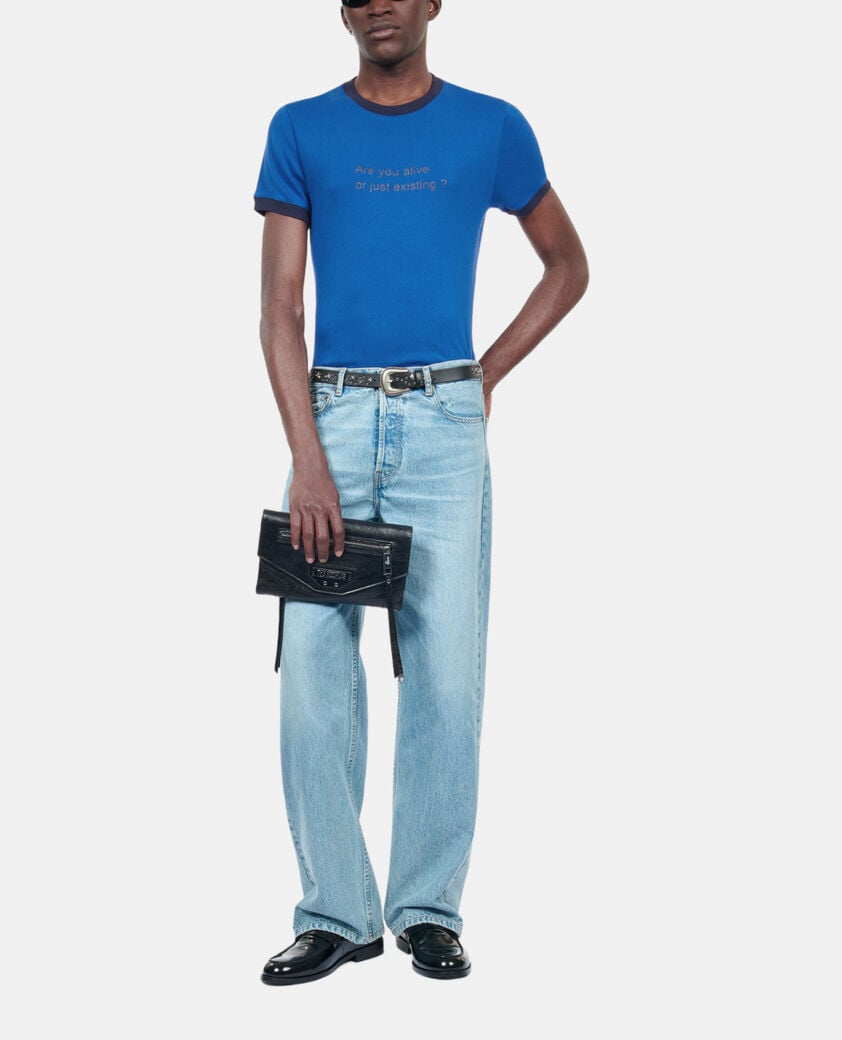 The Kooples HERREN BLUE BRUT blaues t-shirt mit are you alive-siebdruck