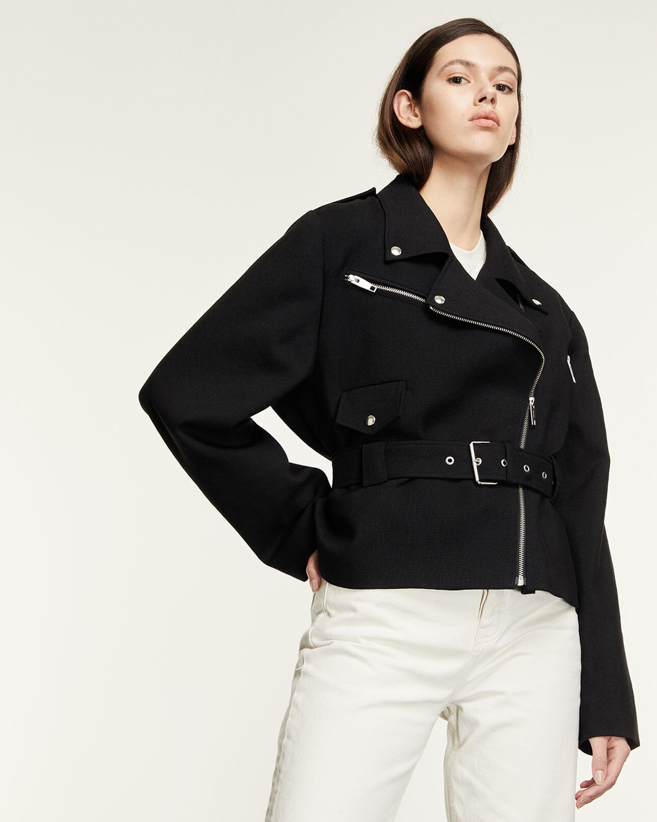 The Kooples DAMEN BLACK wollmantel schwarz kurz biker-stil