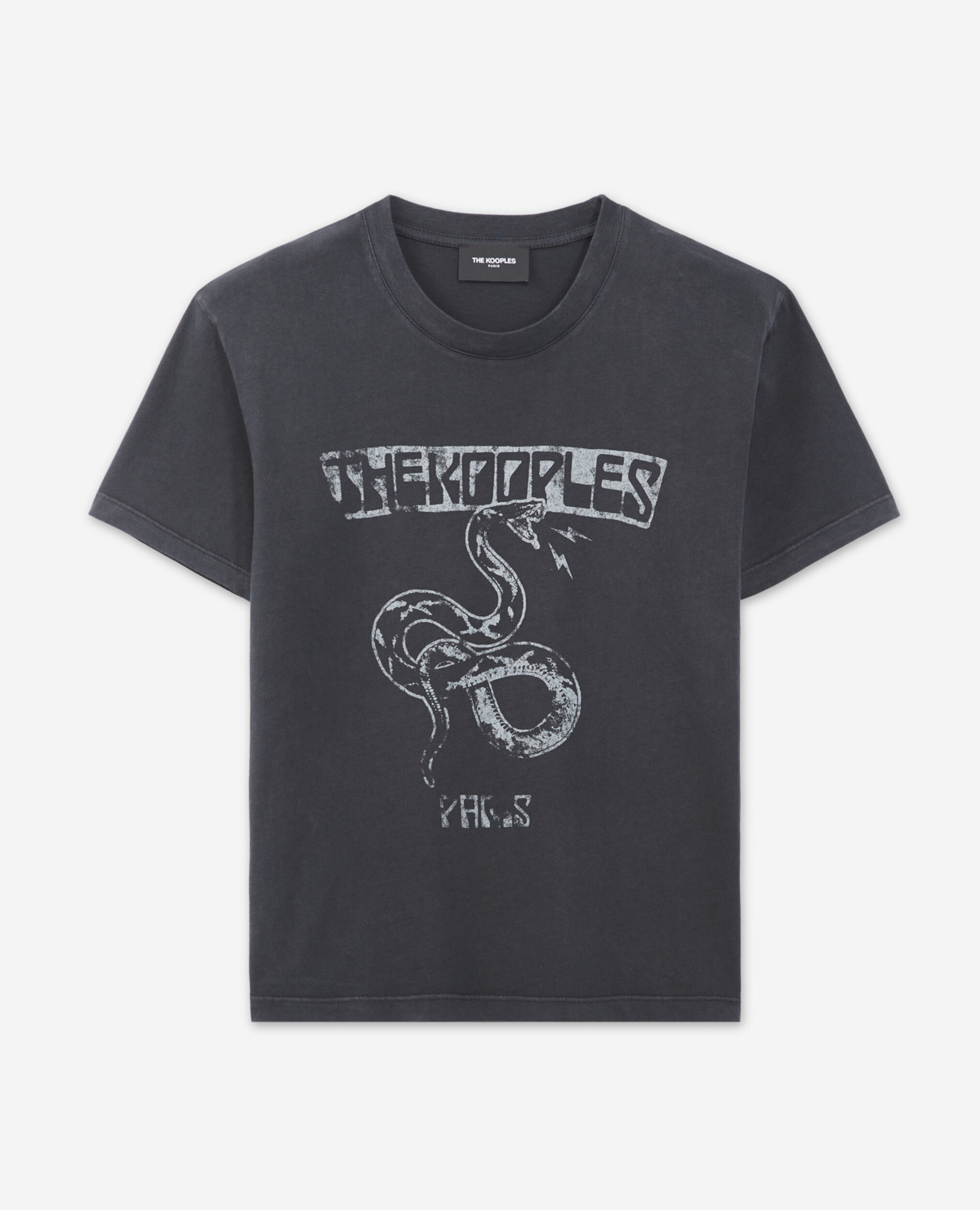 T-shirt noir délavé coton motif serpent, BLACK WASHED, hi-res image number null