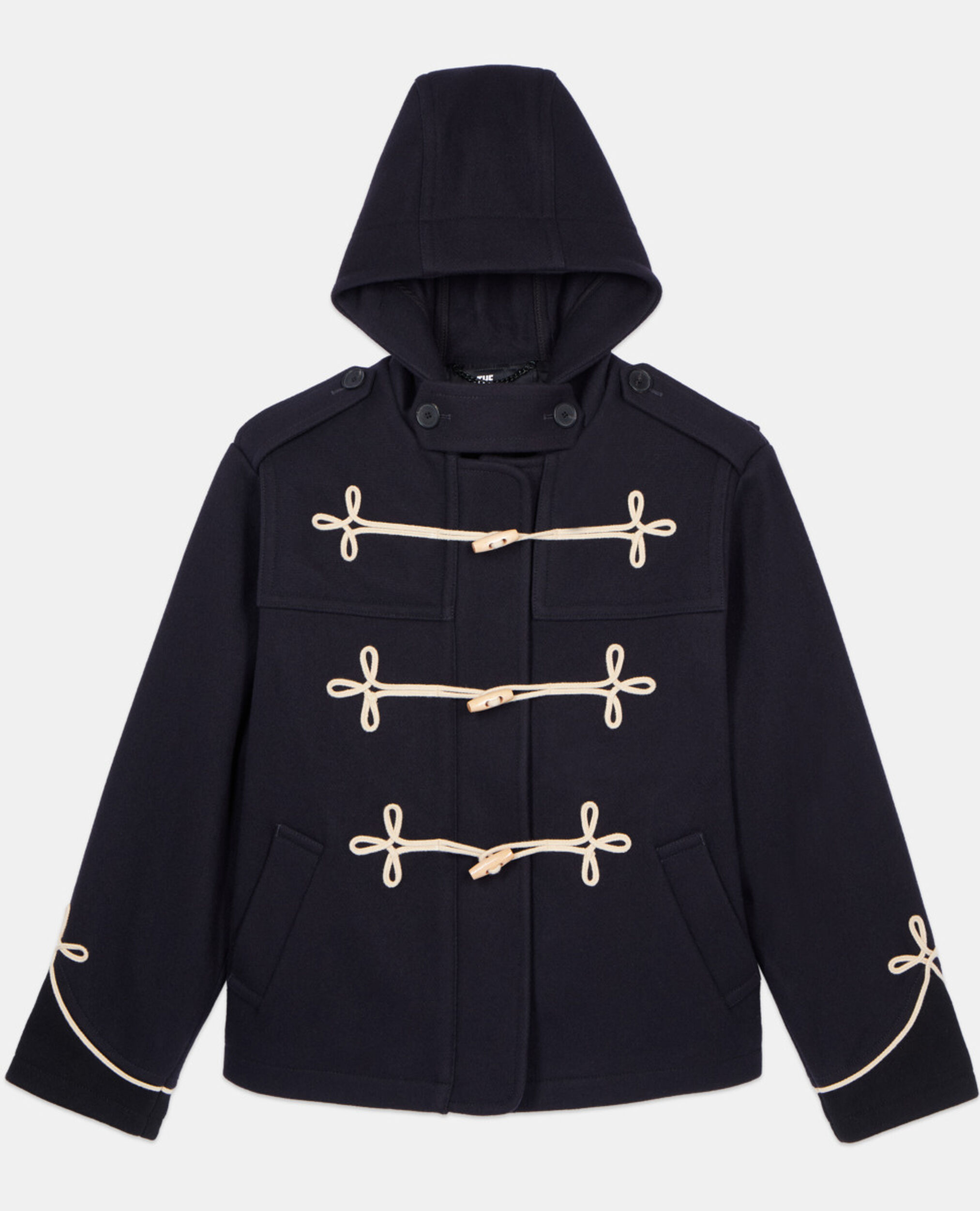 Navy blue hooded short pea coat, NAVY, hi-res image number null