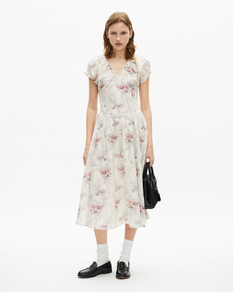 The Kooples WOMEN OFF WHITE / PINK long white 'antik flowers' print dress