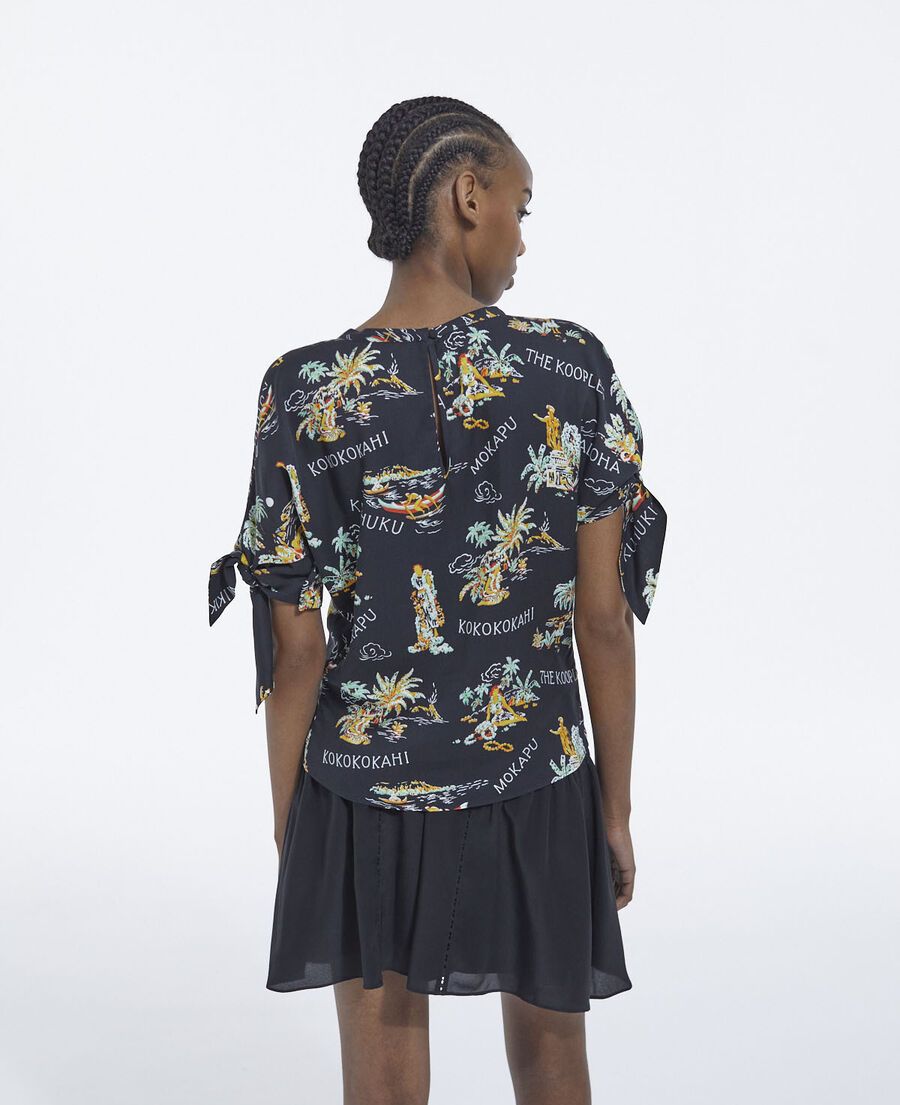 The Kooples F BLACK flowing black printed top with knotted details