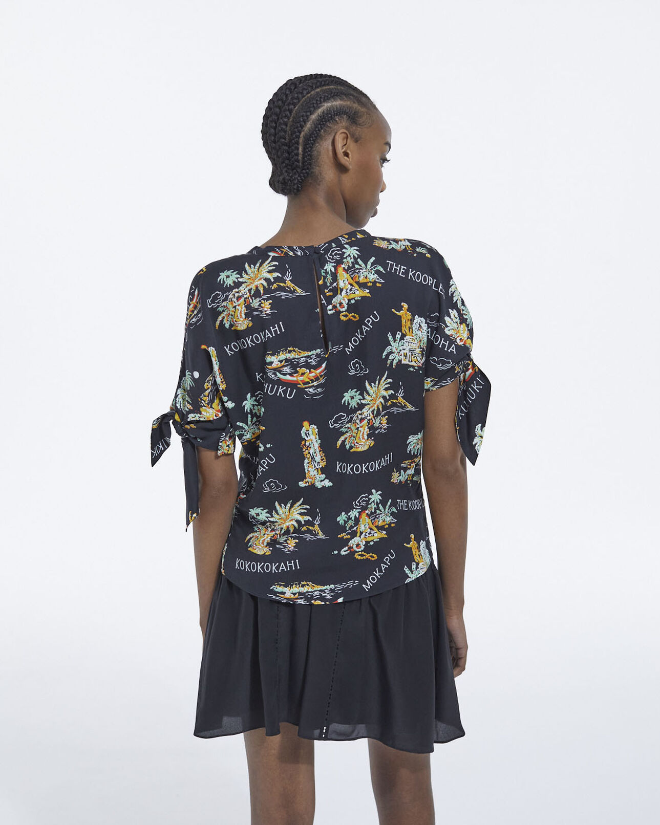 The Kooples WOMEN BLACK flowing black printed top with knotted details