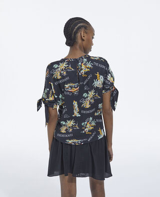 The Kooples F BLACK flowing black printed top with knotted details