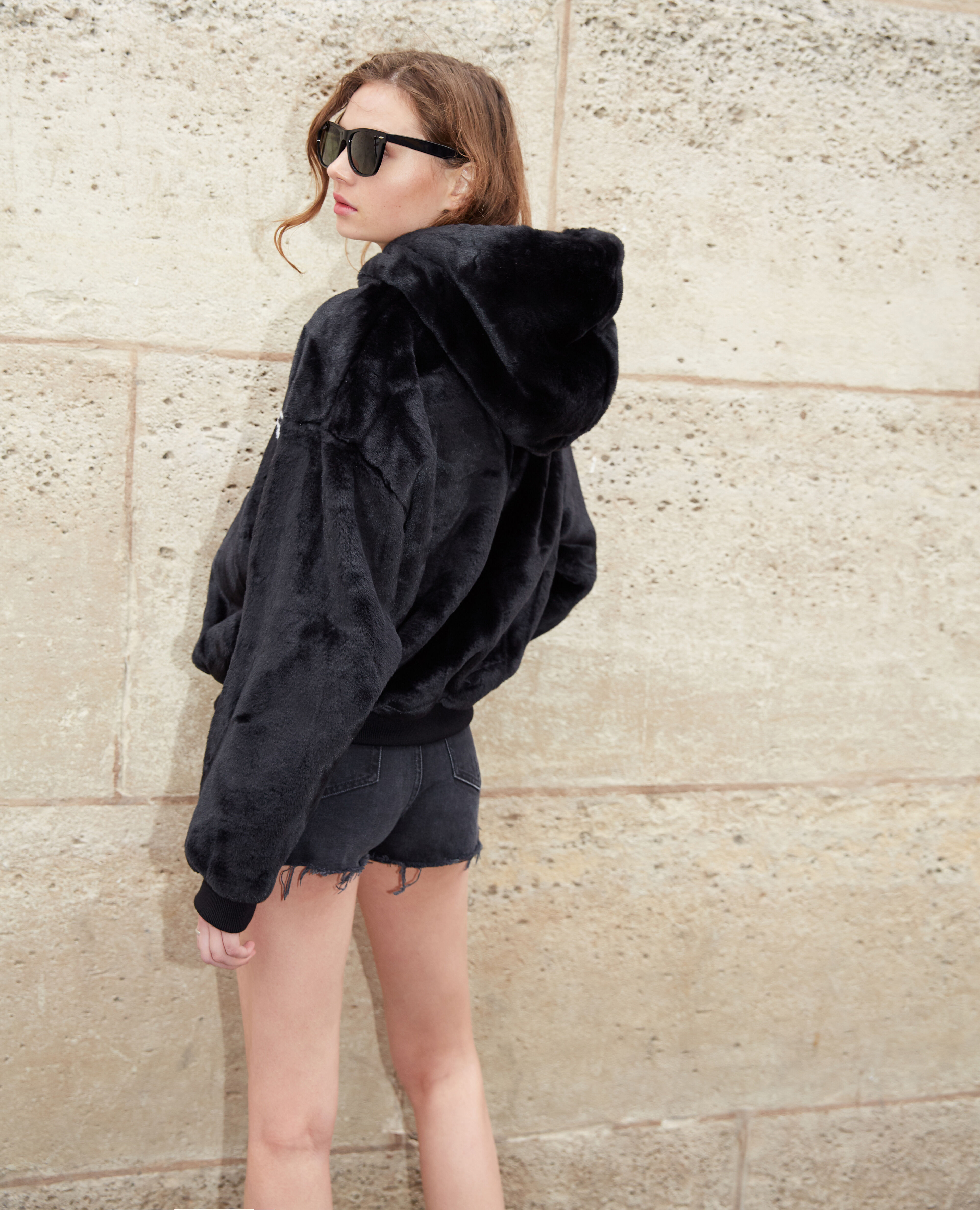 Black faux fur sweatshirt with logo
