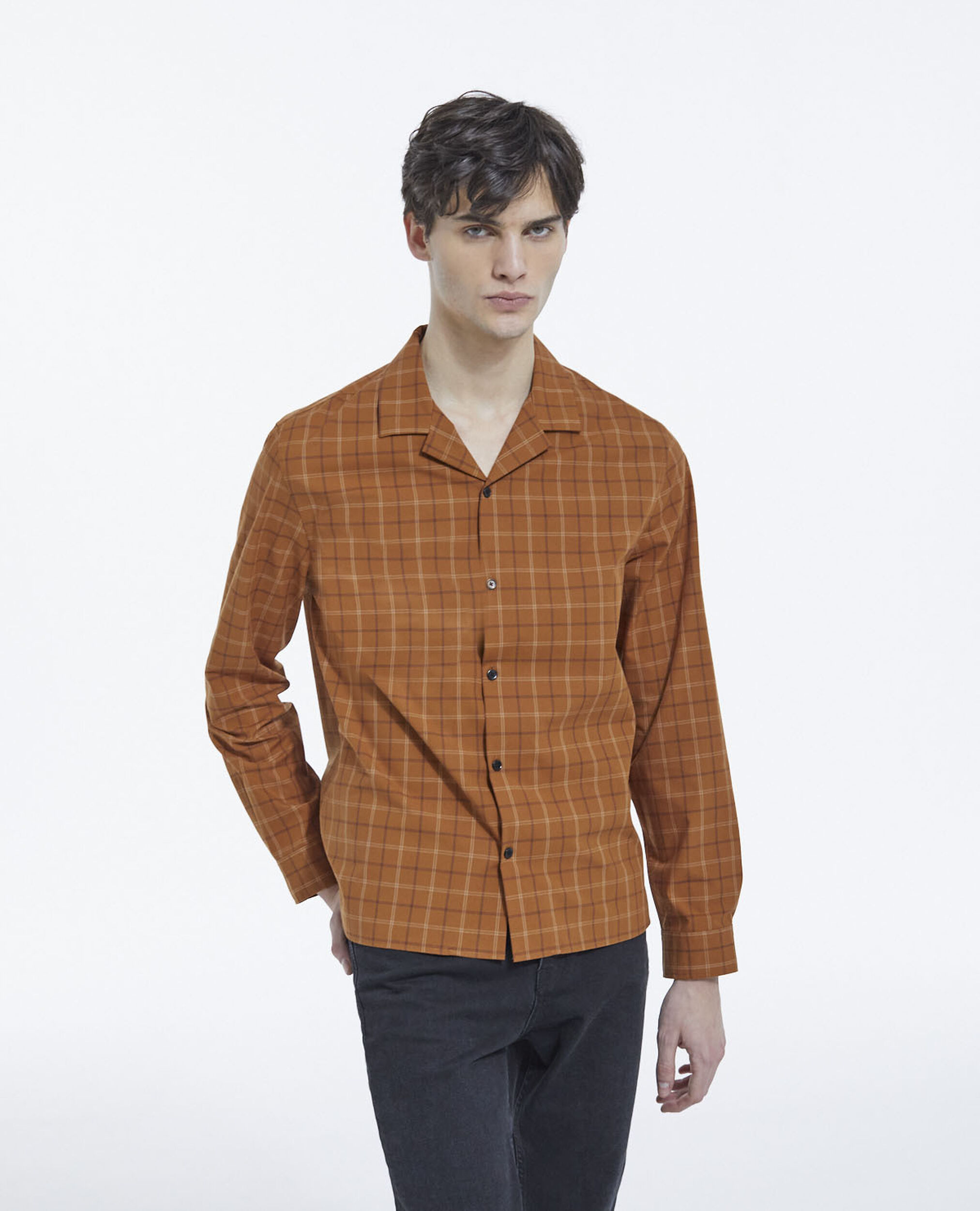 Orange check shirt with Cuban collar, ROUILLE, hi-res image number null