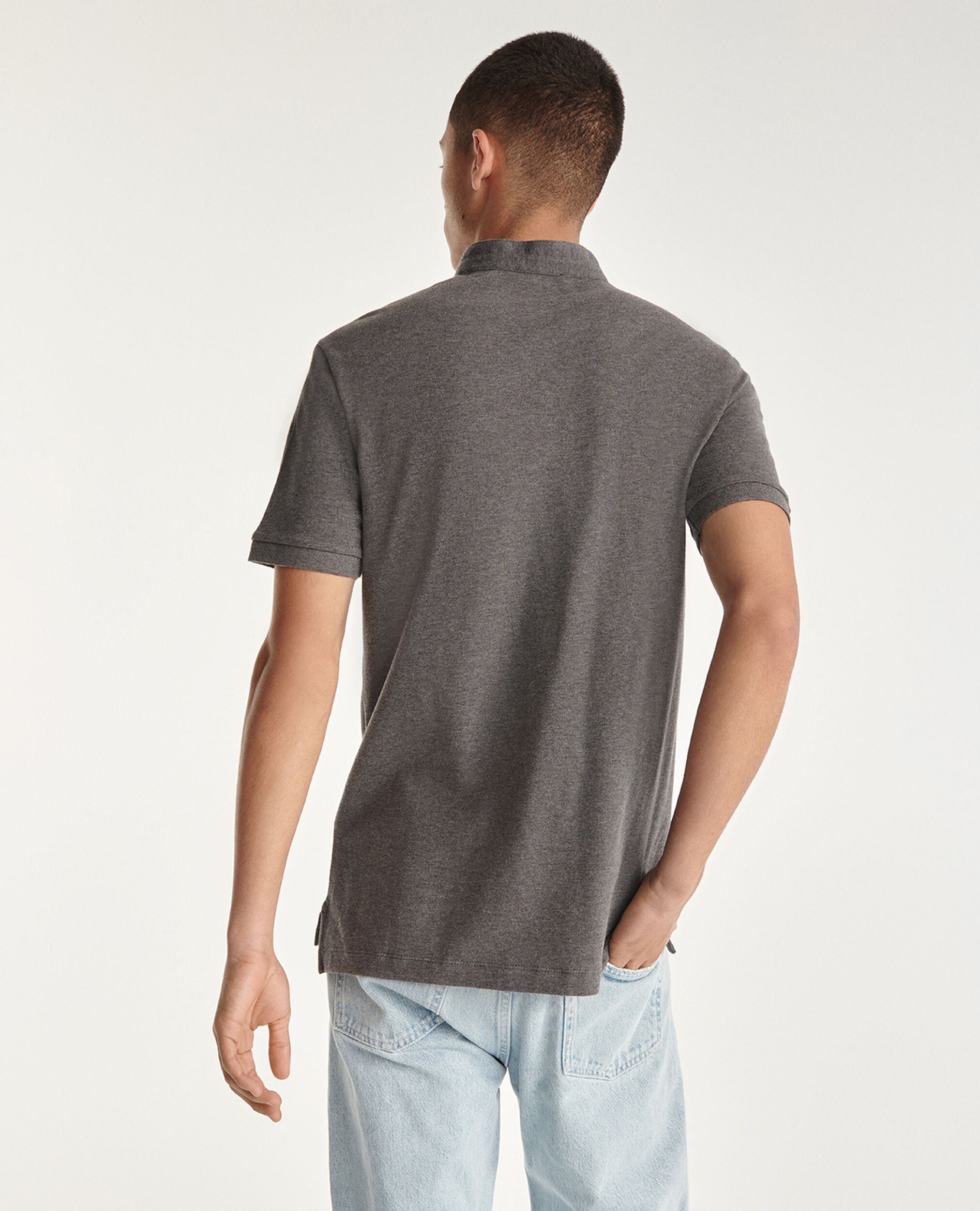 Gray cotton polo with officer collar, MIDDLE GREY MELANGE, hi-res image number null