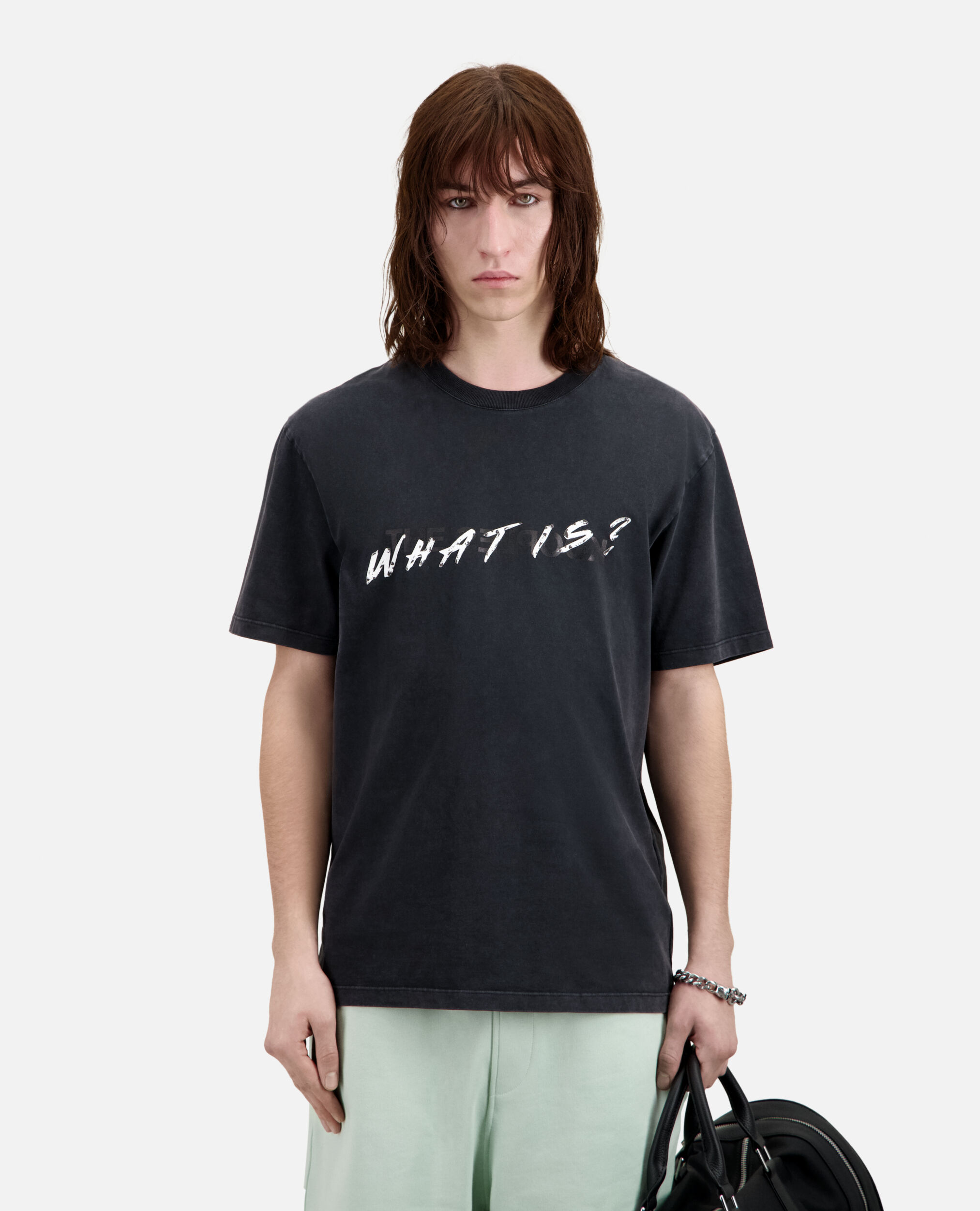 Schwarzes T-Shirt Herren mit „What is“-Schriftzug, BLACK WASHED, hi-res image number null