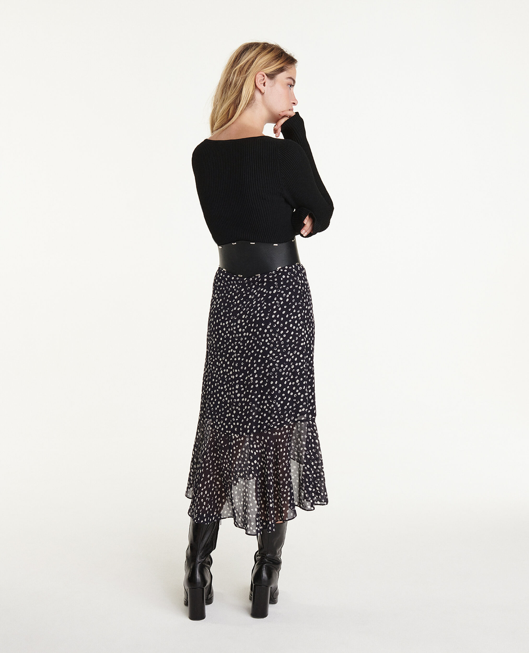 Long flowing navy blue skirt with polka dots, NAVY / WHITE, hi-res image number null