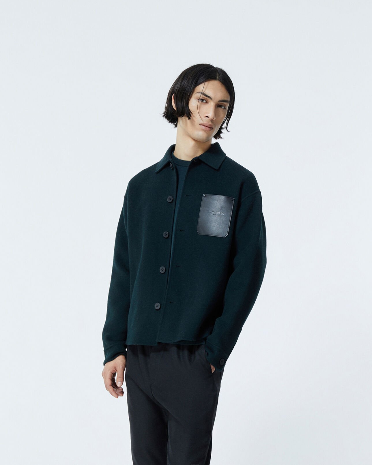 The Kooples HOMME BOTTLE GREEN chemise laine vert bouteille poche cuir
