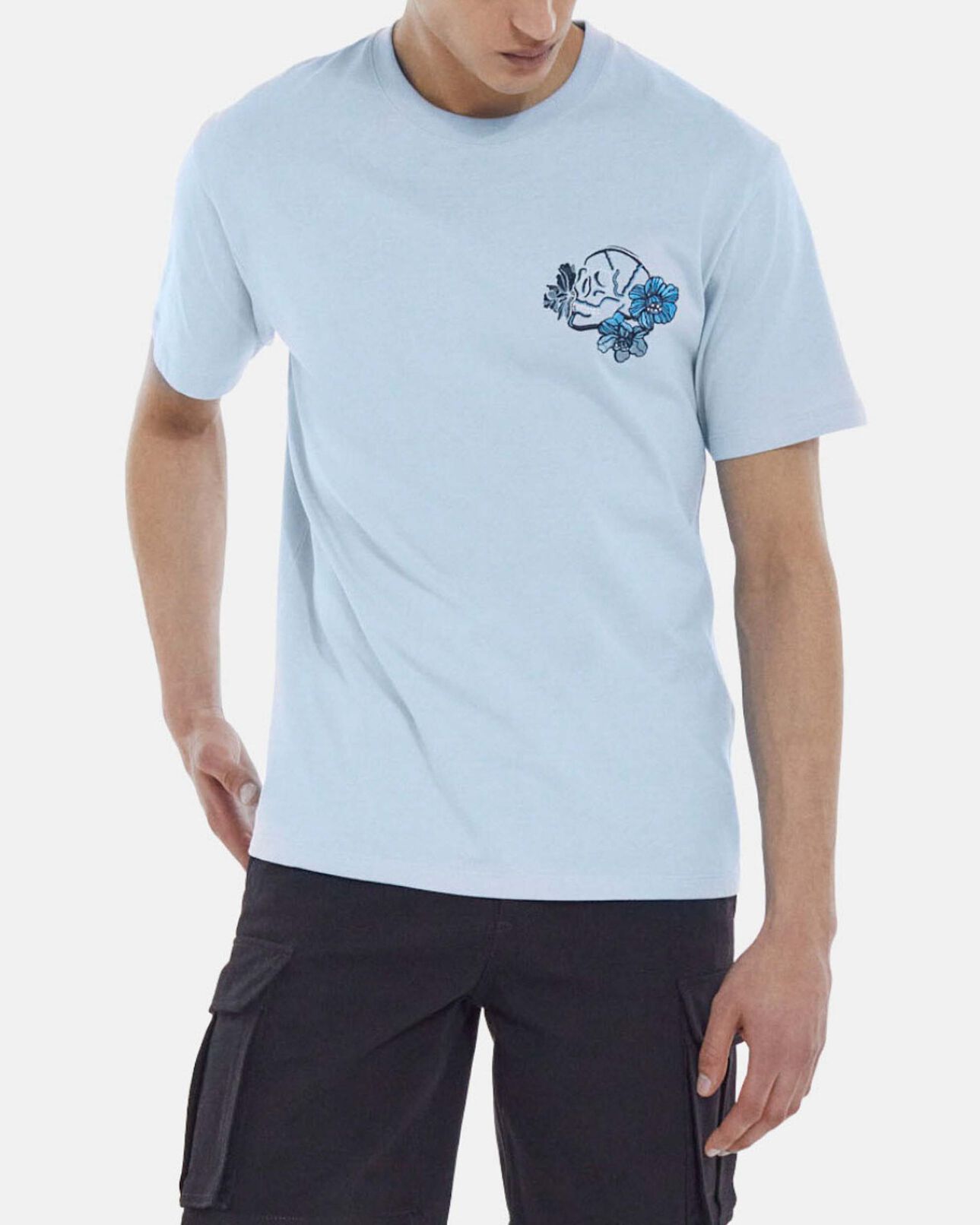 The Kooples HERREN BLUE blaues t-shirt mit totenkopfprint und blumen