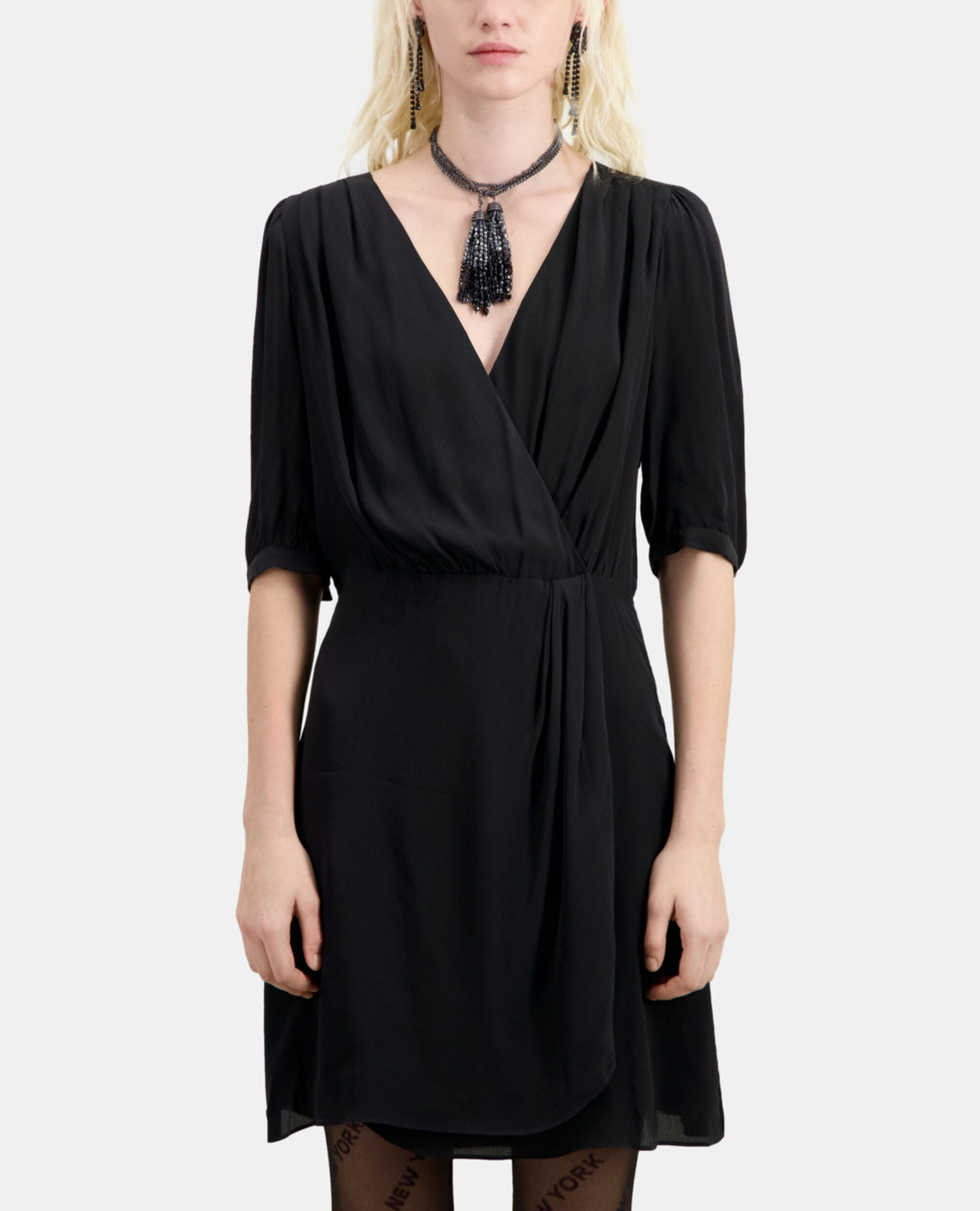 Robe courte noire en soie effet drapé, BLACK, hi-res image number null