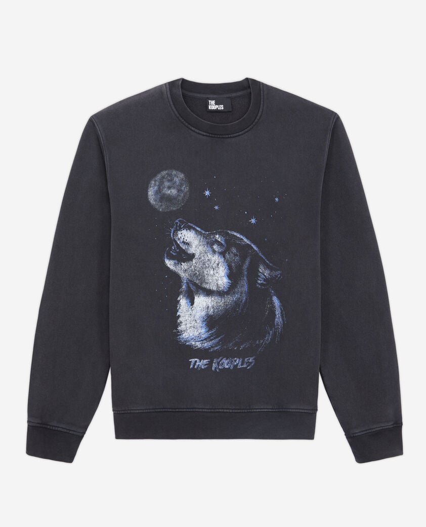 The Kooples MEN BLACK WASHED men's black sweatshirt with wolf serigraphy