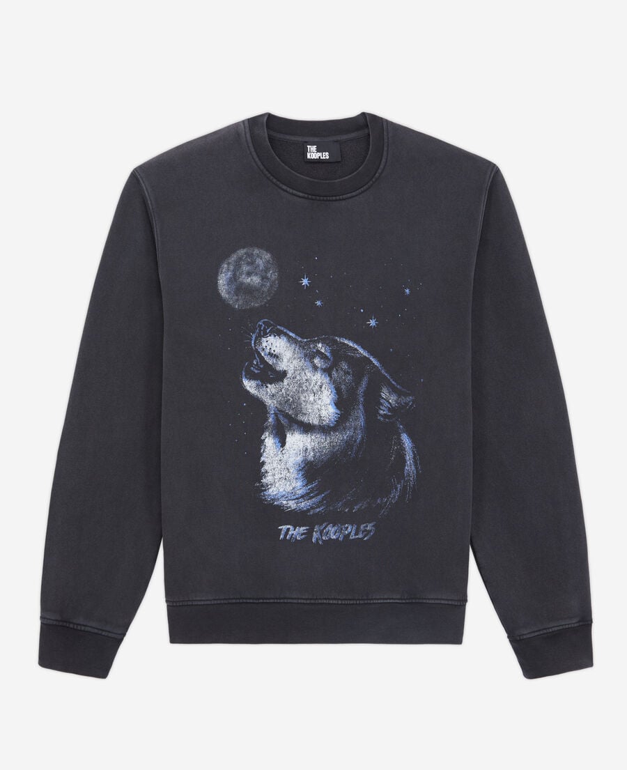 The Kooples HERREN BLACK WASHED herren schwarzes sweatshirt mit „wolf“-siebdruck