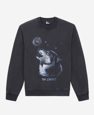 The Kooples HERREN BLACK WASHED herren schwarzes sweatshirt mit „wolf“-siebdruck