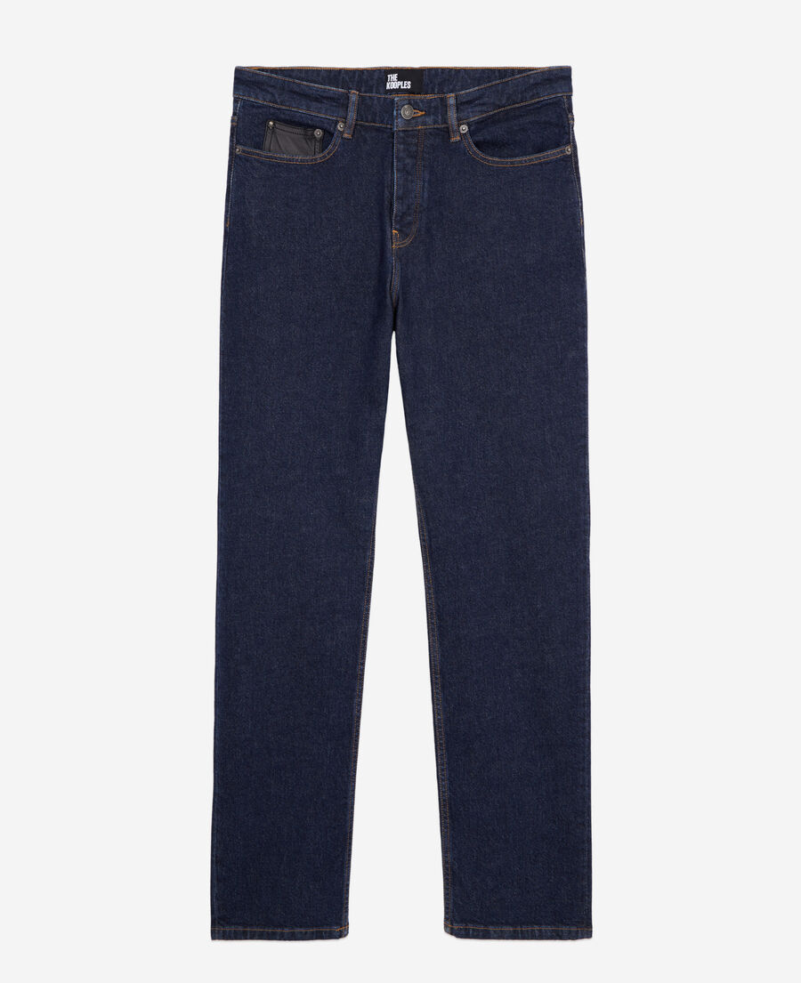 blaue slim-jeans mit tasche aus leder