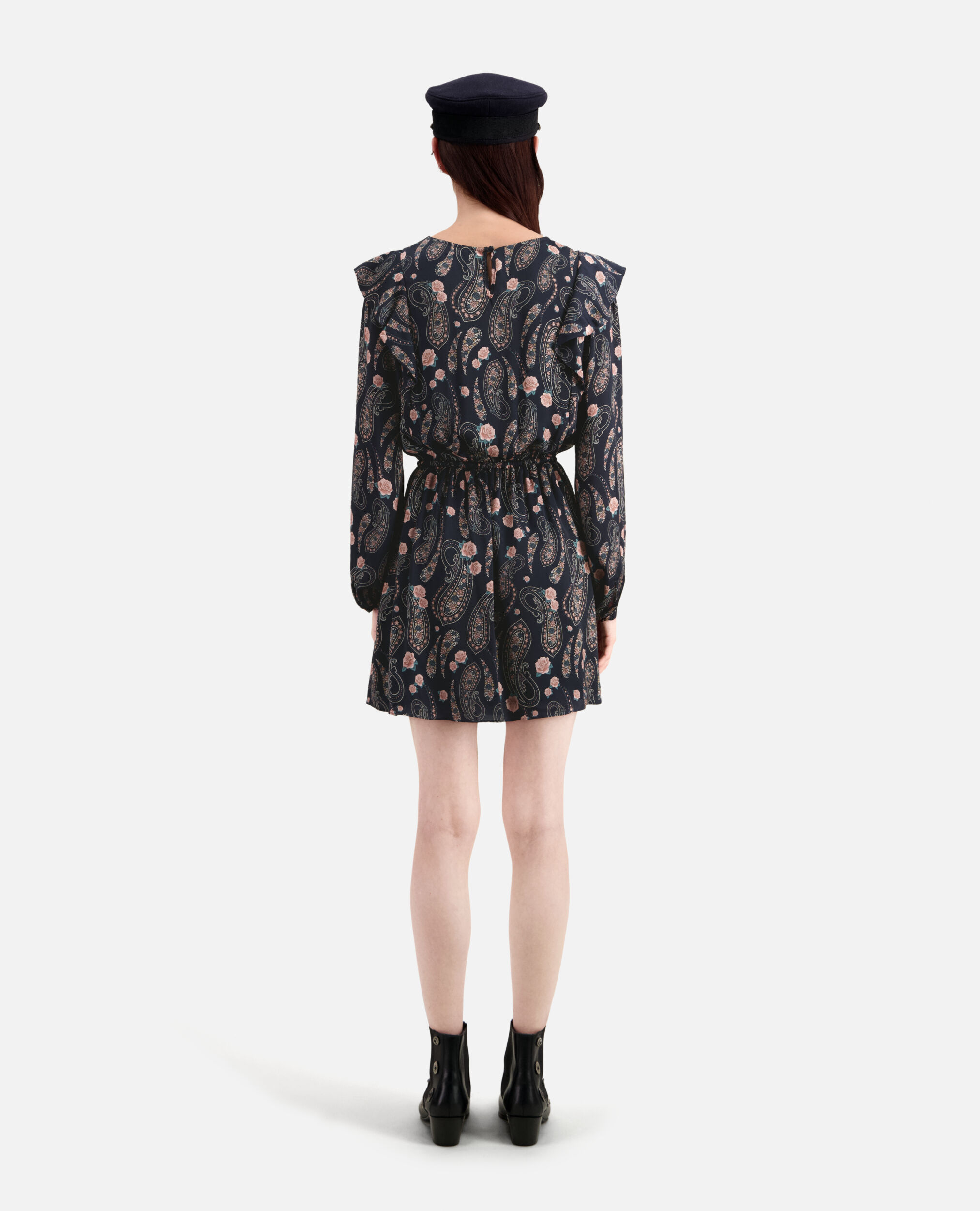 Kurzes Kleid mit Rüschen und Print, BLACK / PINK, hi-res image number null