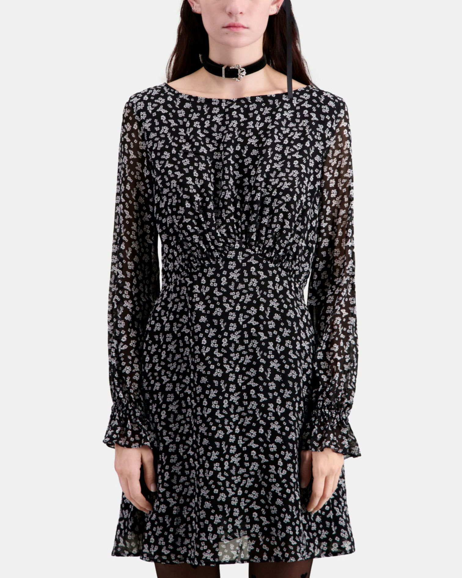 Kurzes Kleid mit Print, BLACK-ECRU, hi-res image number null