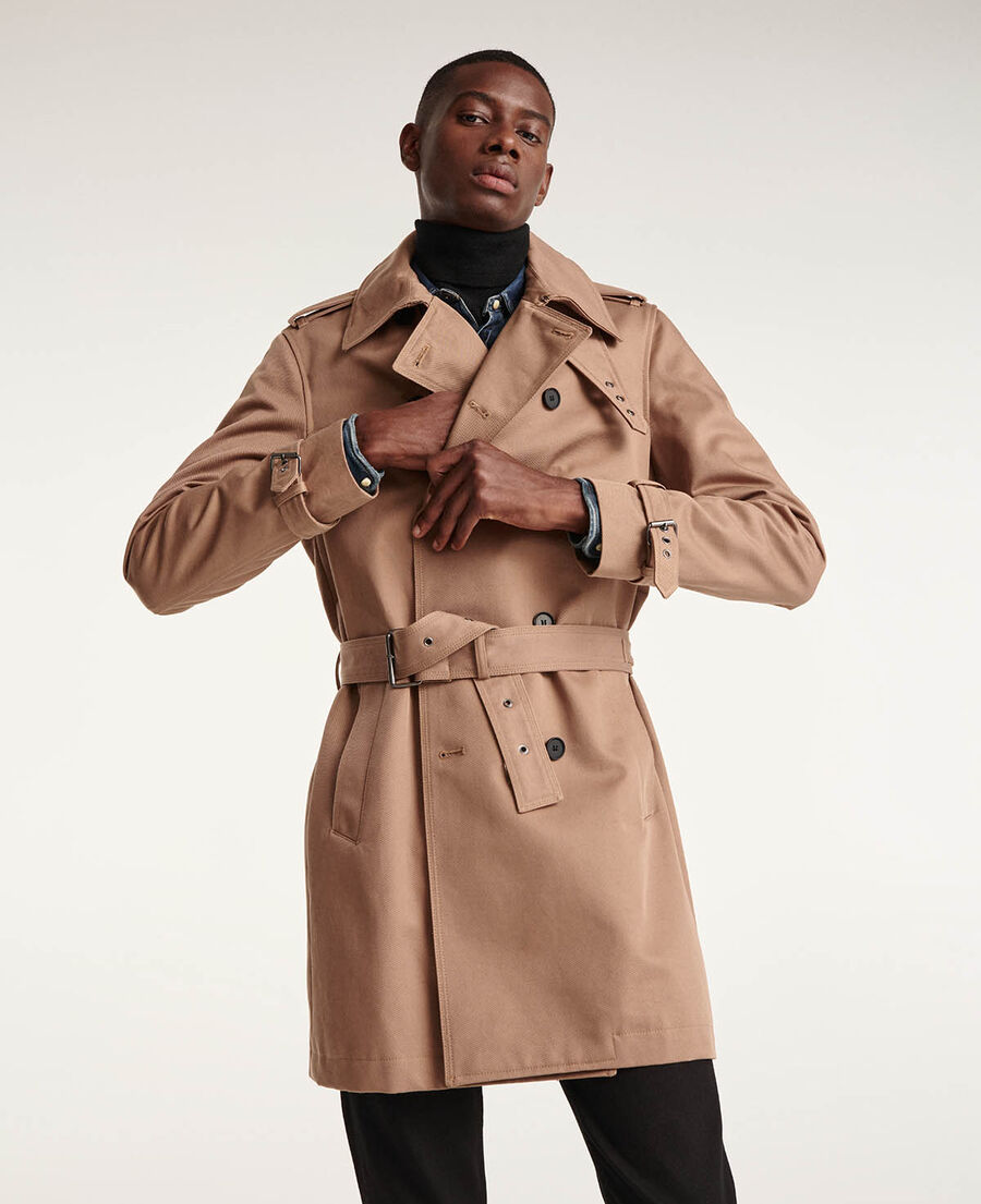 beige belted double-breasted trench coat