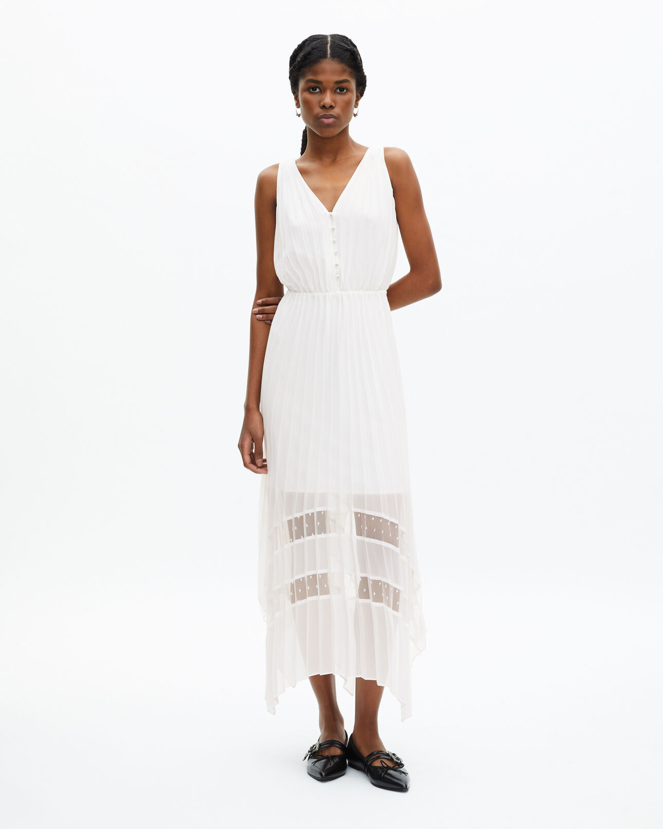 The Kooples FEMME ECRU robe longue avec plissage blanche et plumetis