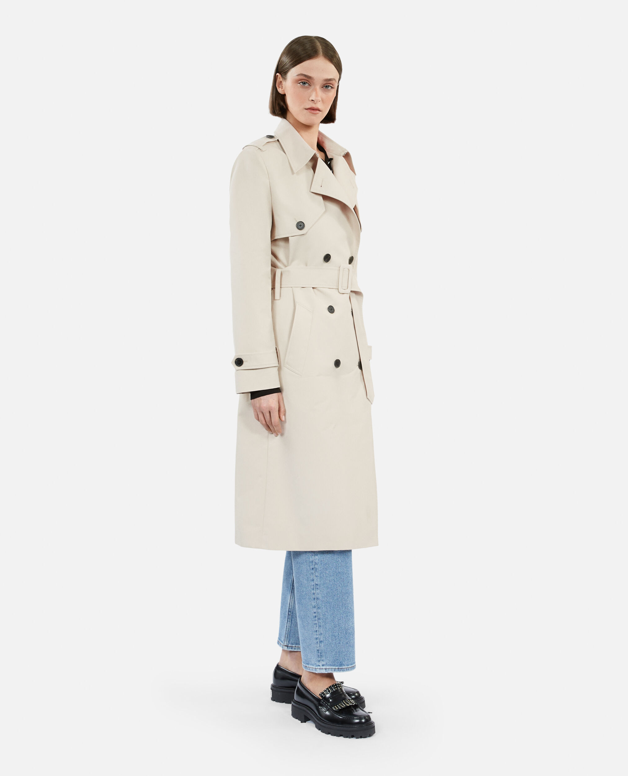 Long beige trench coat