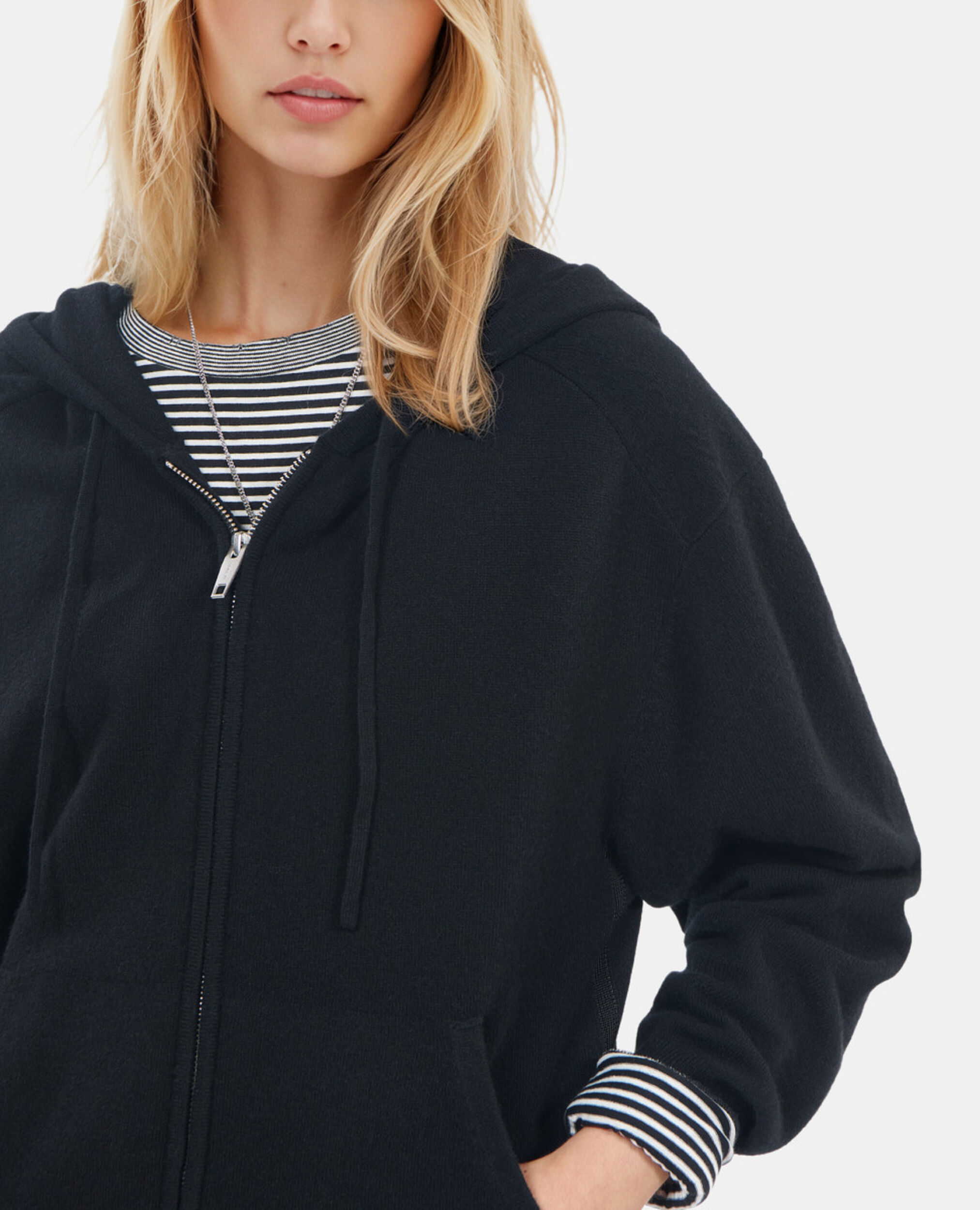 Black wool and cashmere hoodie, BLACK, hi-res image number null