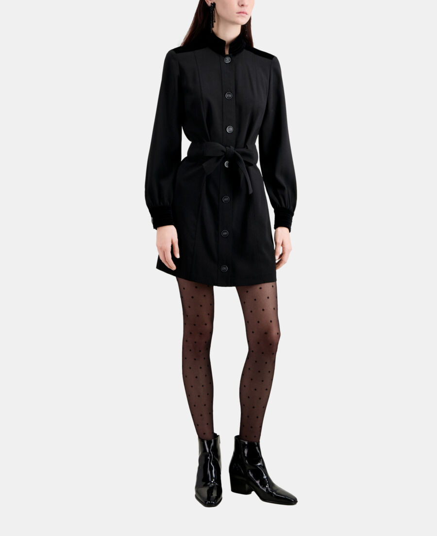 short black crepe dress with velvet details