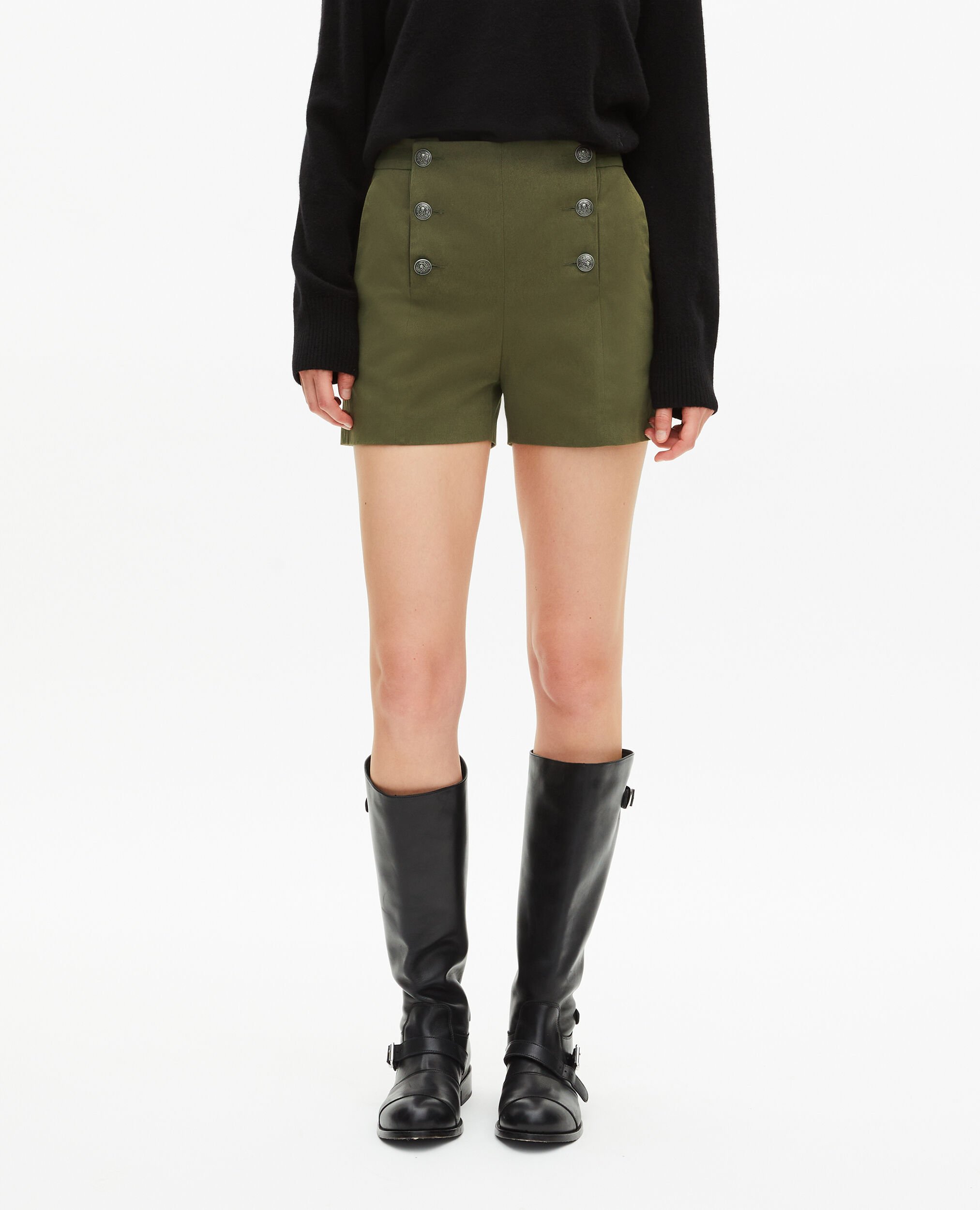 Khaki double-breasted straight shorts, KAKI, hi-res image number null