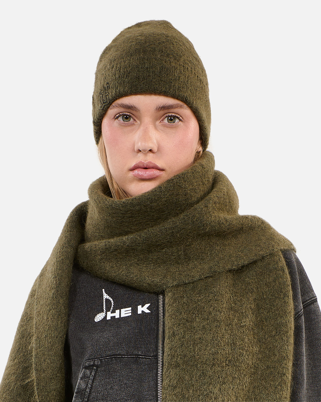 The Kooples MIXED OLIVE NIGHT khaki mohair beanie