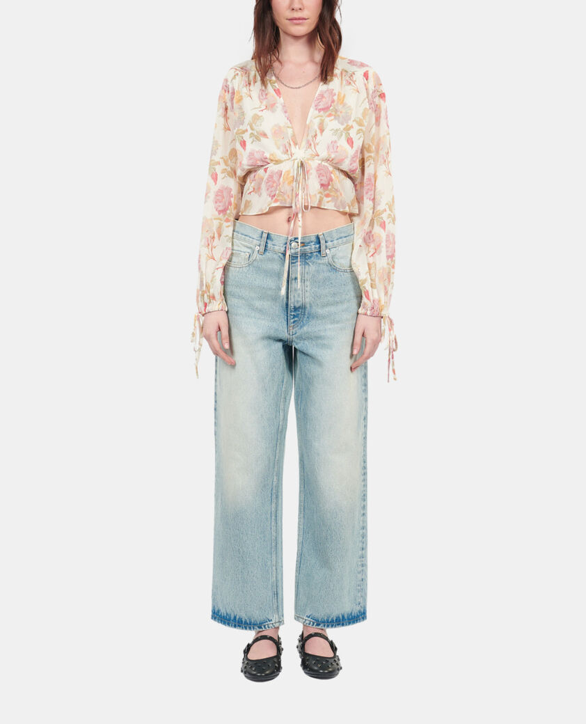 The Kooples FEMME BEIGE / RED top imprim&eacute; fleuri en soie avec volants