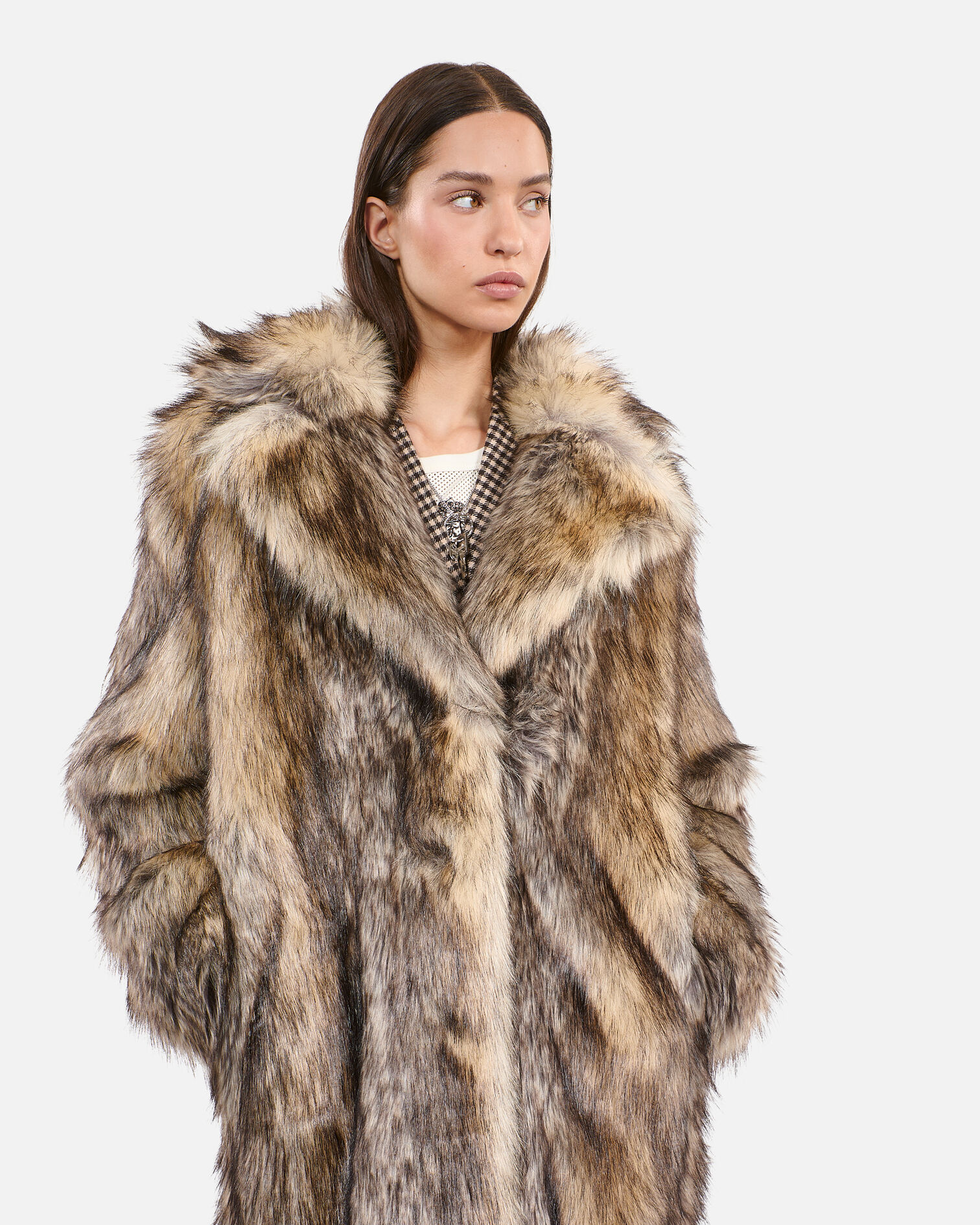 Manteau long effet fourrure beige, DARK BEIGE, hi-res image number null