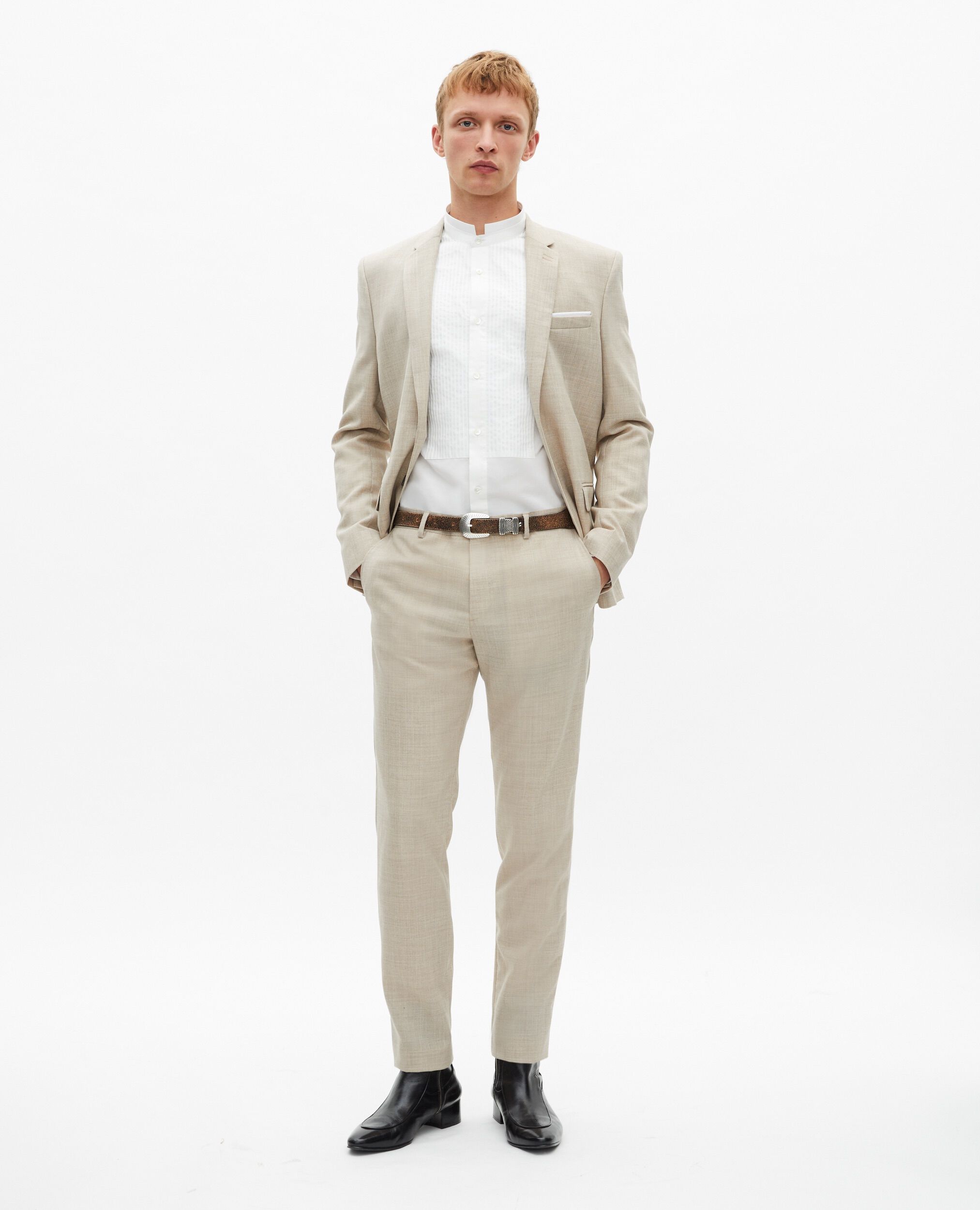 Beigefarbene, schmal geschnittene Anzugjacke aus Wolle, BEIGE, hi-res image number null