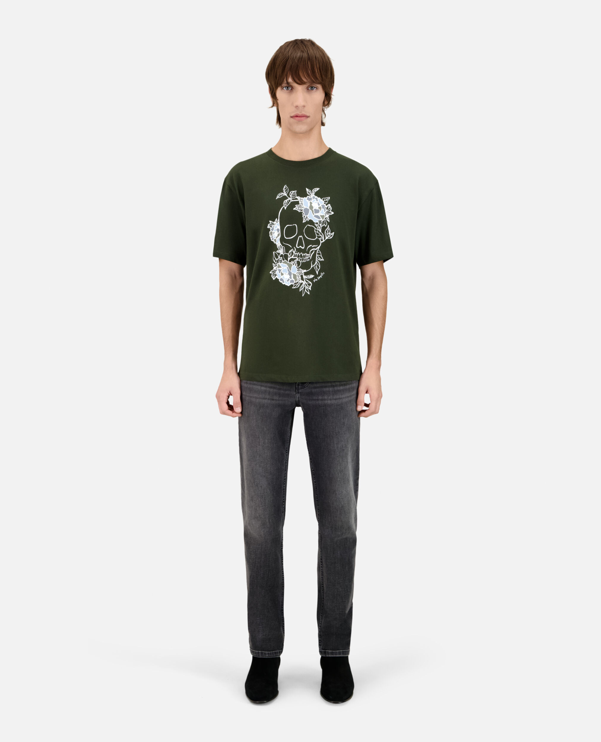 Men's khaki t-shirt with Flower skull serigraphy, DARK GREEN, hi-res image number null