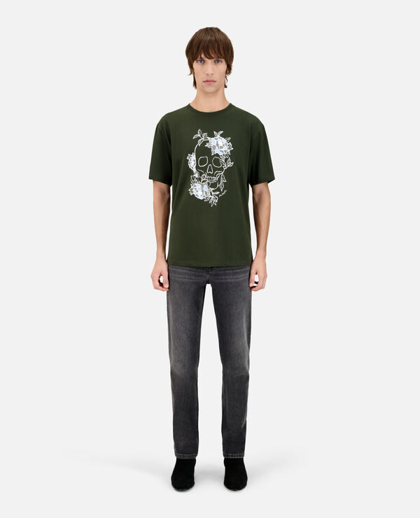 men's khaki t-shirt with flower skull serigraphy